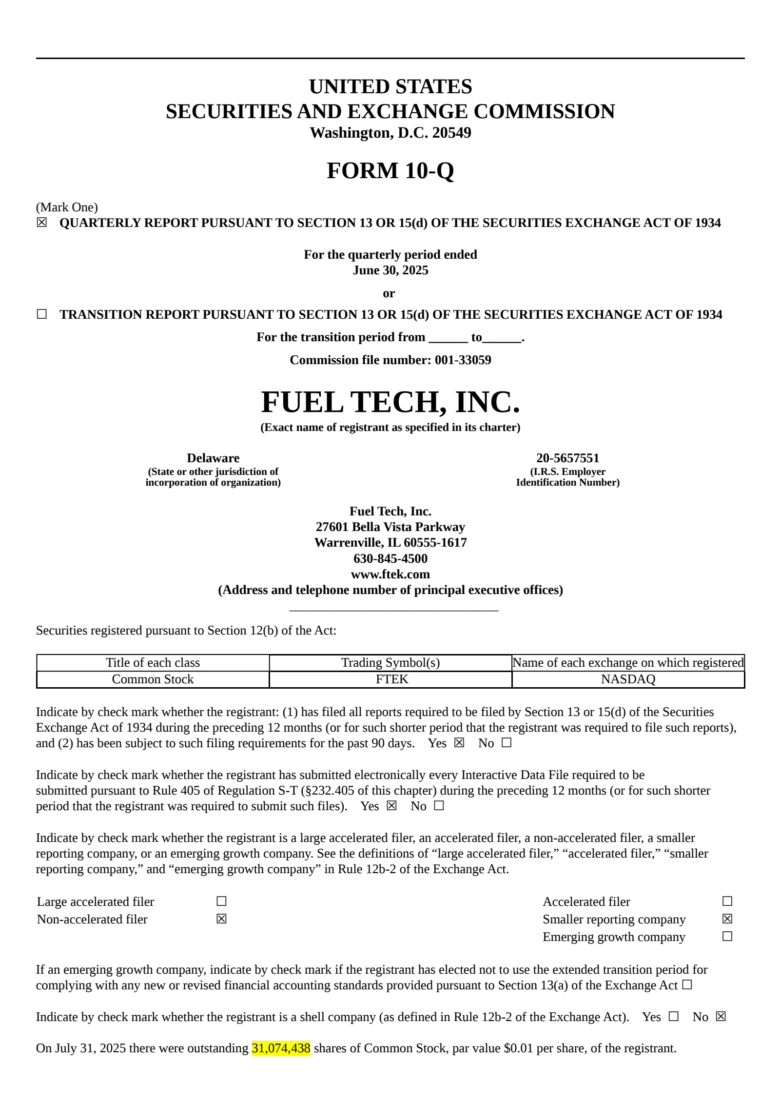 Fuel Tech's Q2 2025 Quarterly report