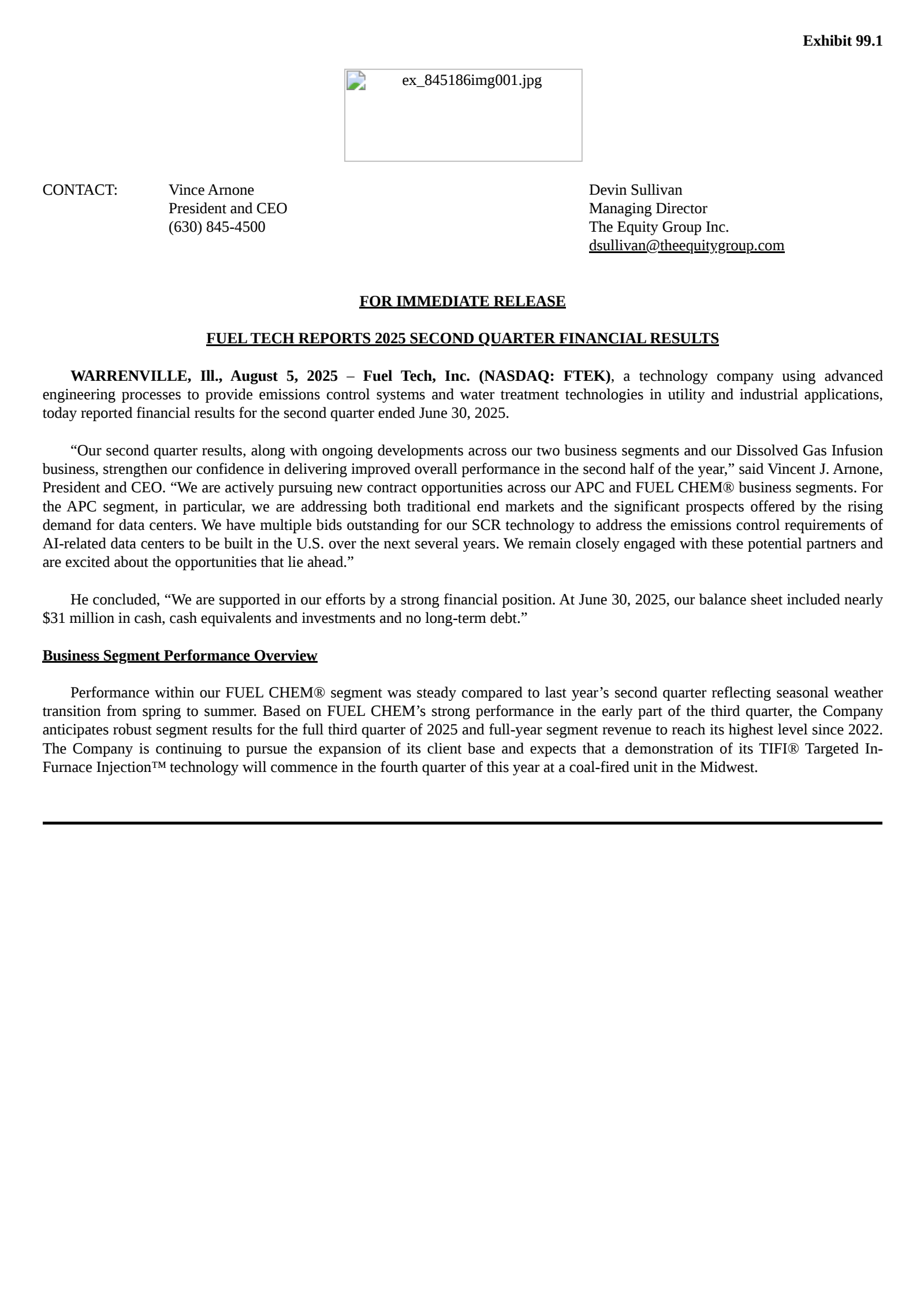 Fuel Tech's Q2 2025 Press Release