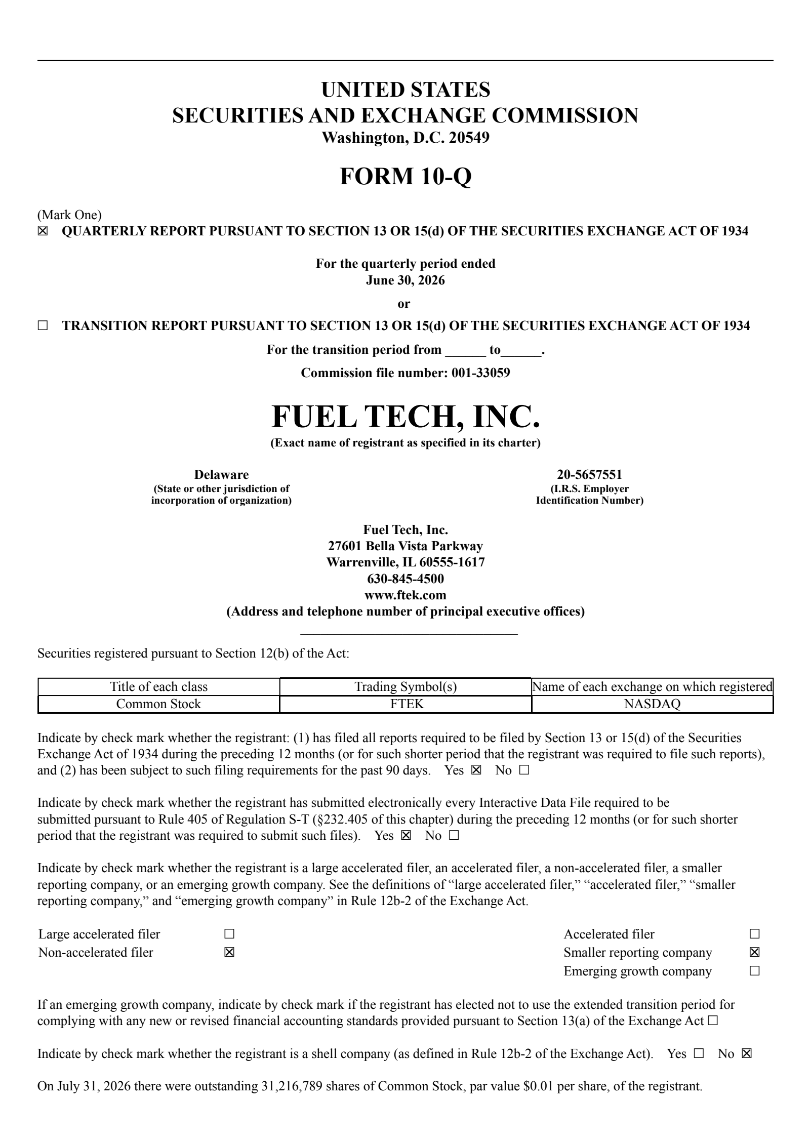 Fuel Tech's Q2 2026 Quarterly report
