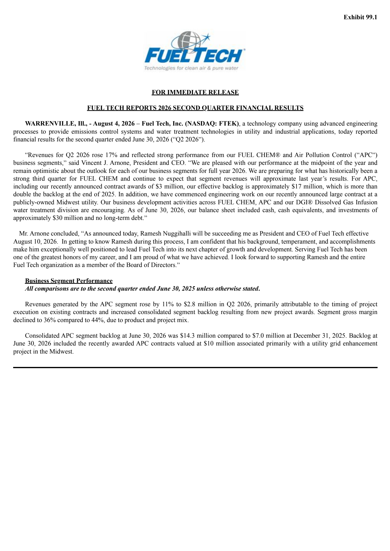 Fuel Tech's Q2 2026 Press Release
