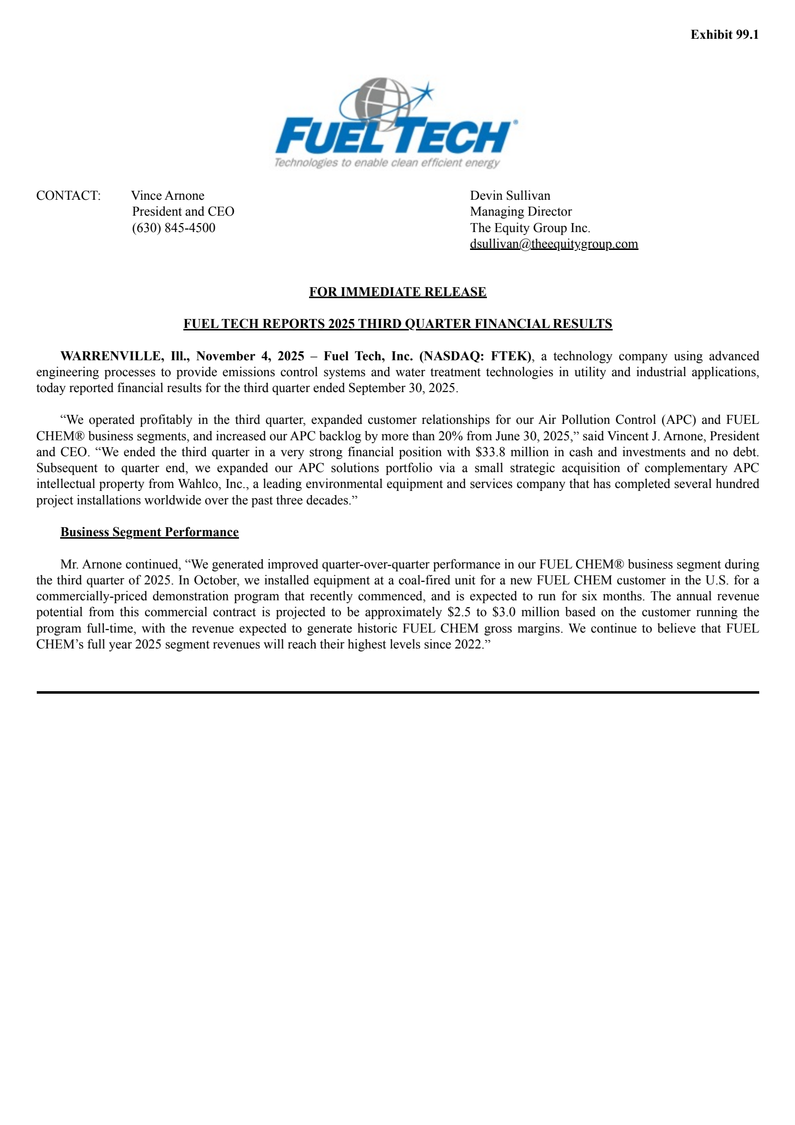 Fuel Tech's Q3 2025 Earnings Release