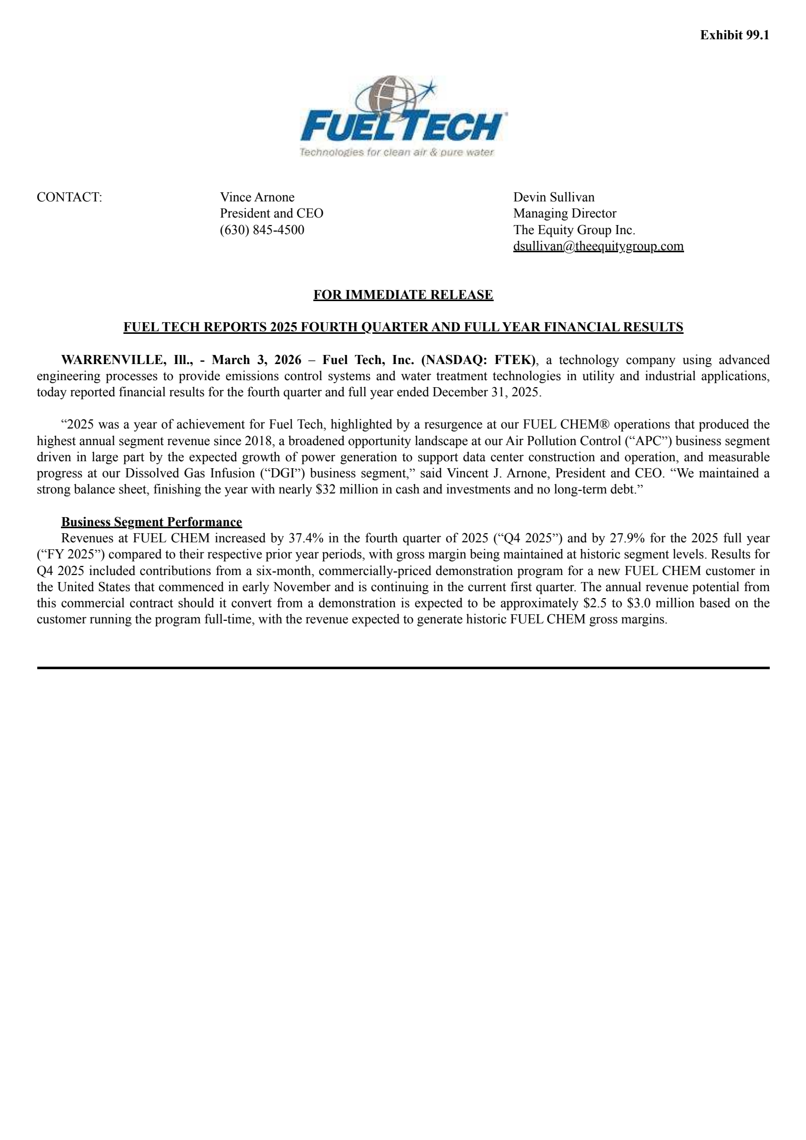 Fuel Tech's Q4 2025 Press Release