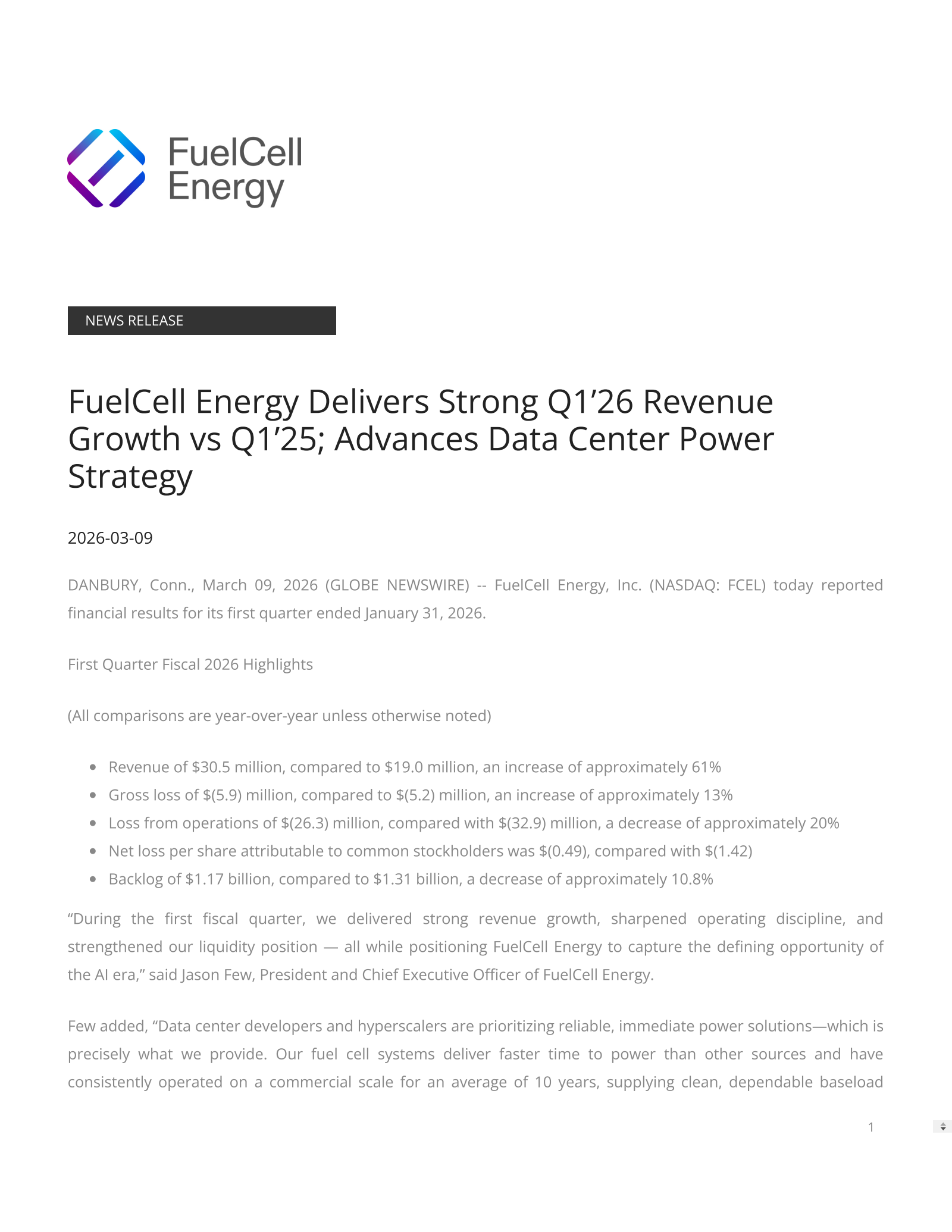 FuelCell Energy's Q1 2026 Press Release
