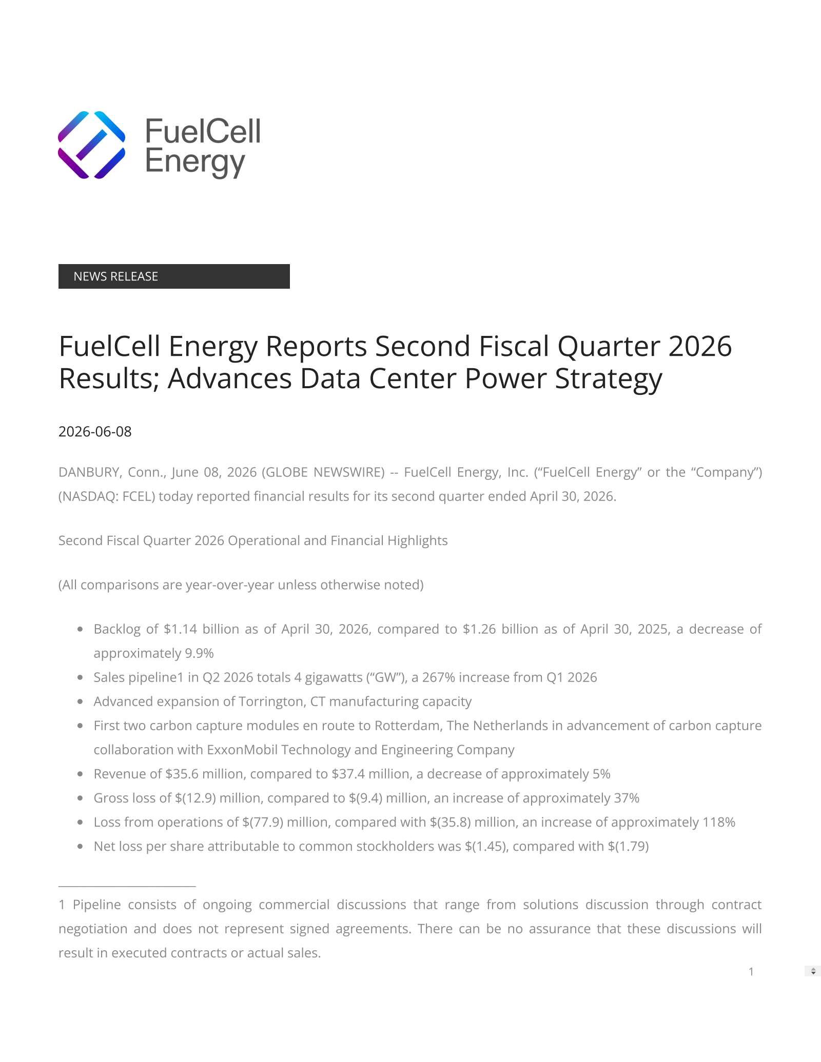 FuelCell Energy's Q2 2026 Press Release
