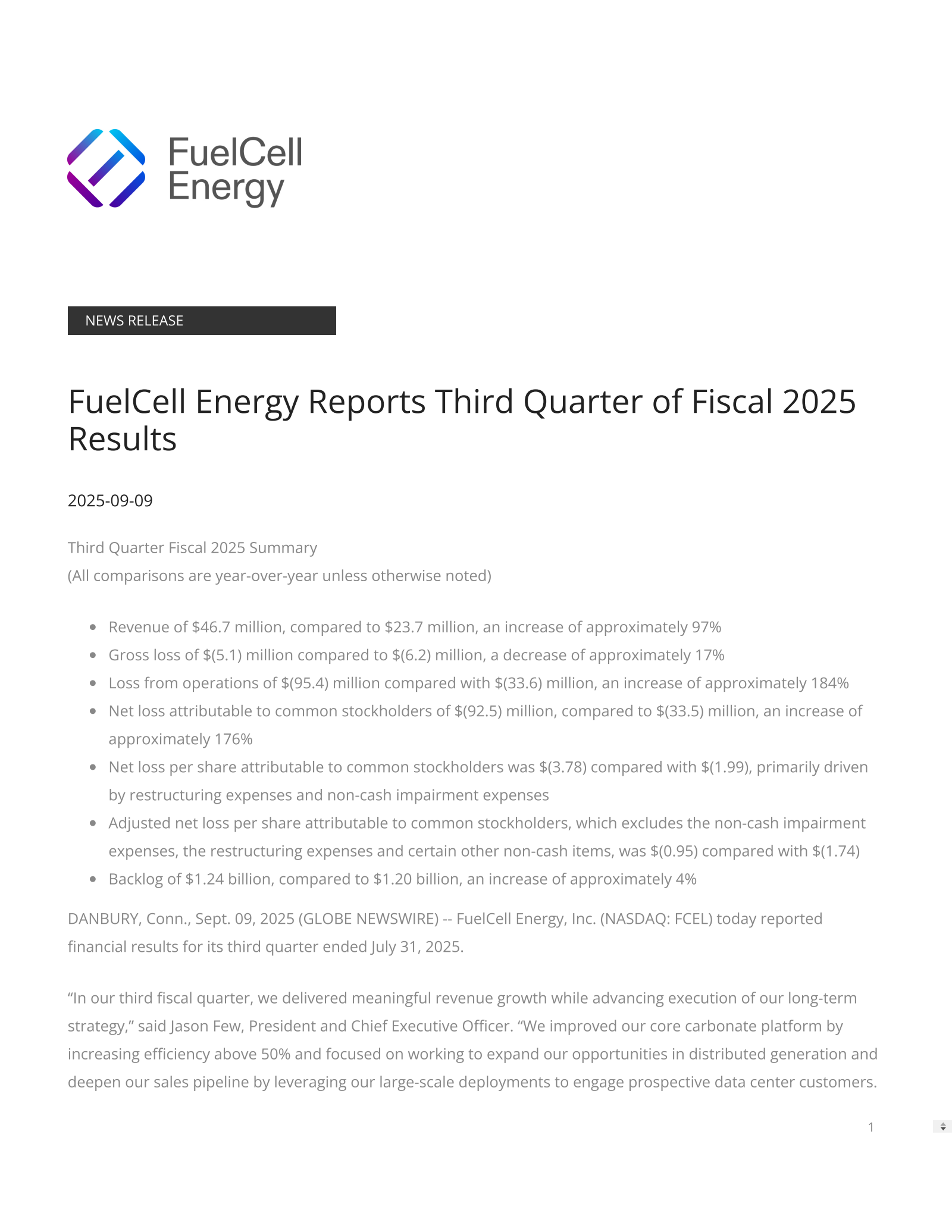 FuelCell Energy's Q3 2025 Press Release