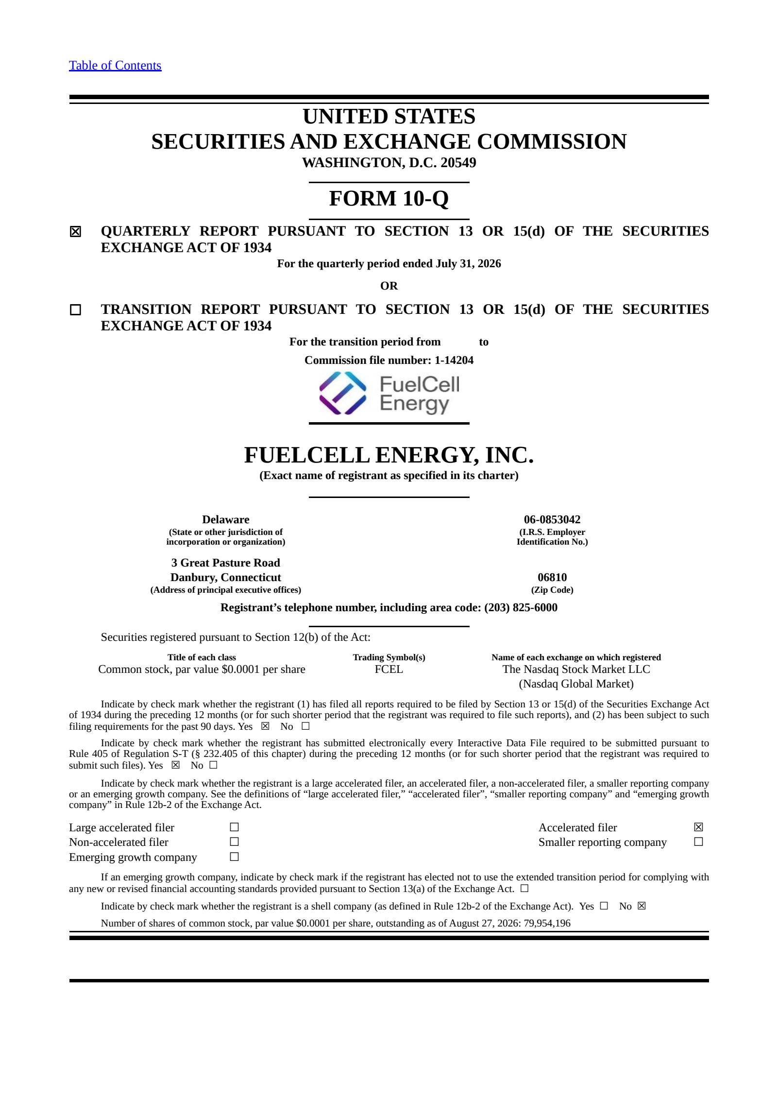 FuelCell Energy's Q3 2026 Quarterly report