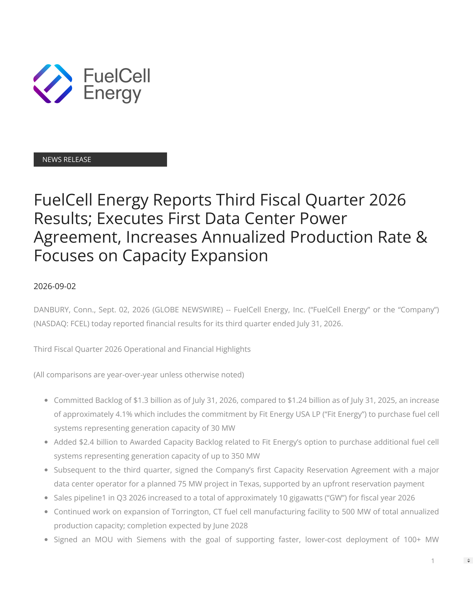 FuelCell Energy's Q3 2026 Press Release