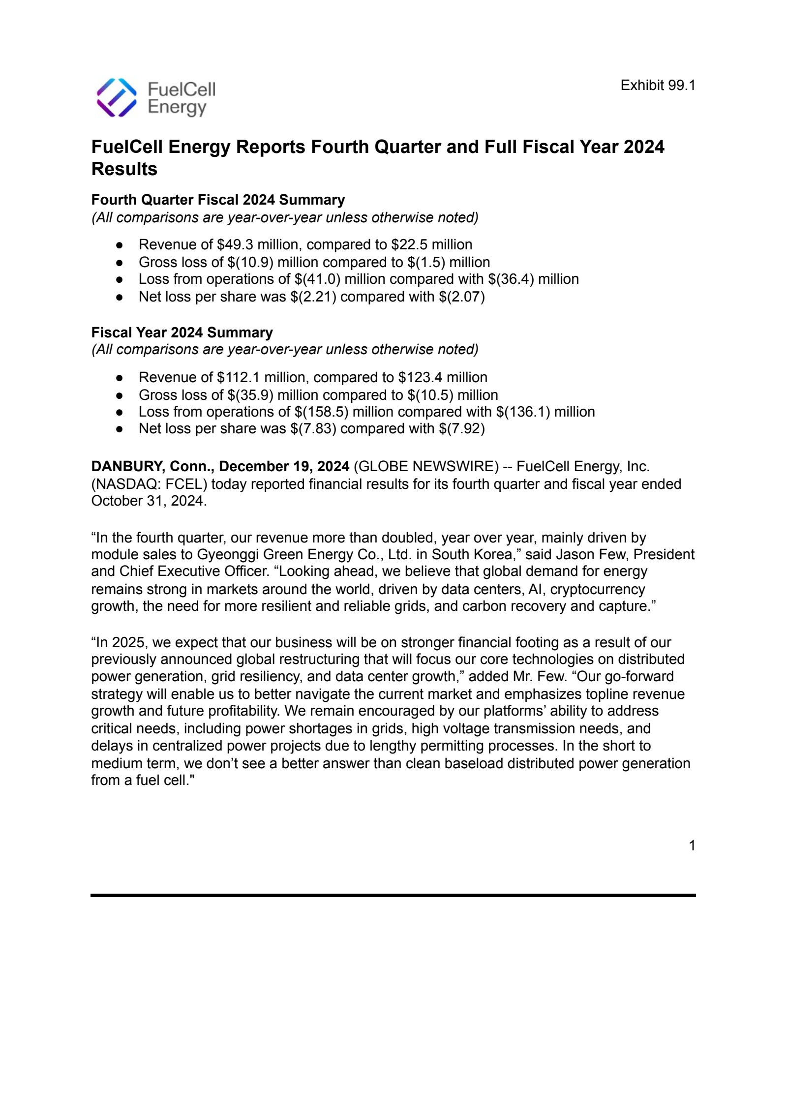 FuelCell Energy's Q4 2024 Press Release