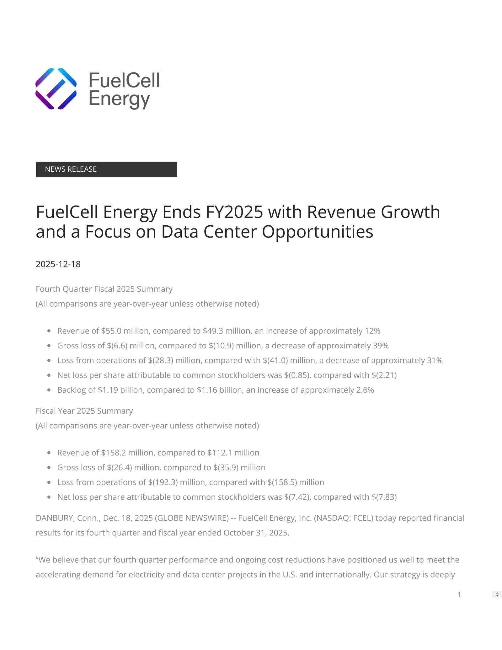 FuelCell Energy's Q4 2025 Earnings Release