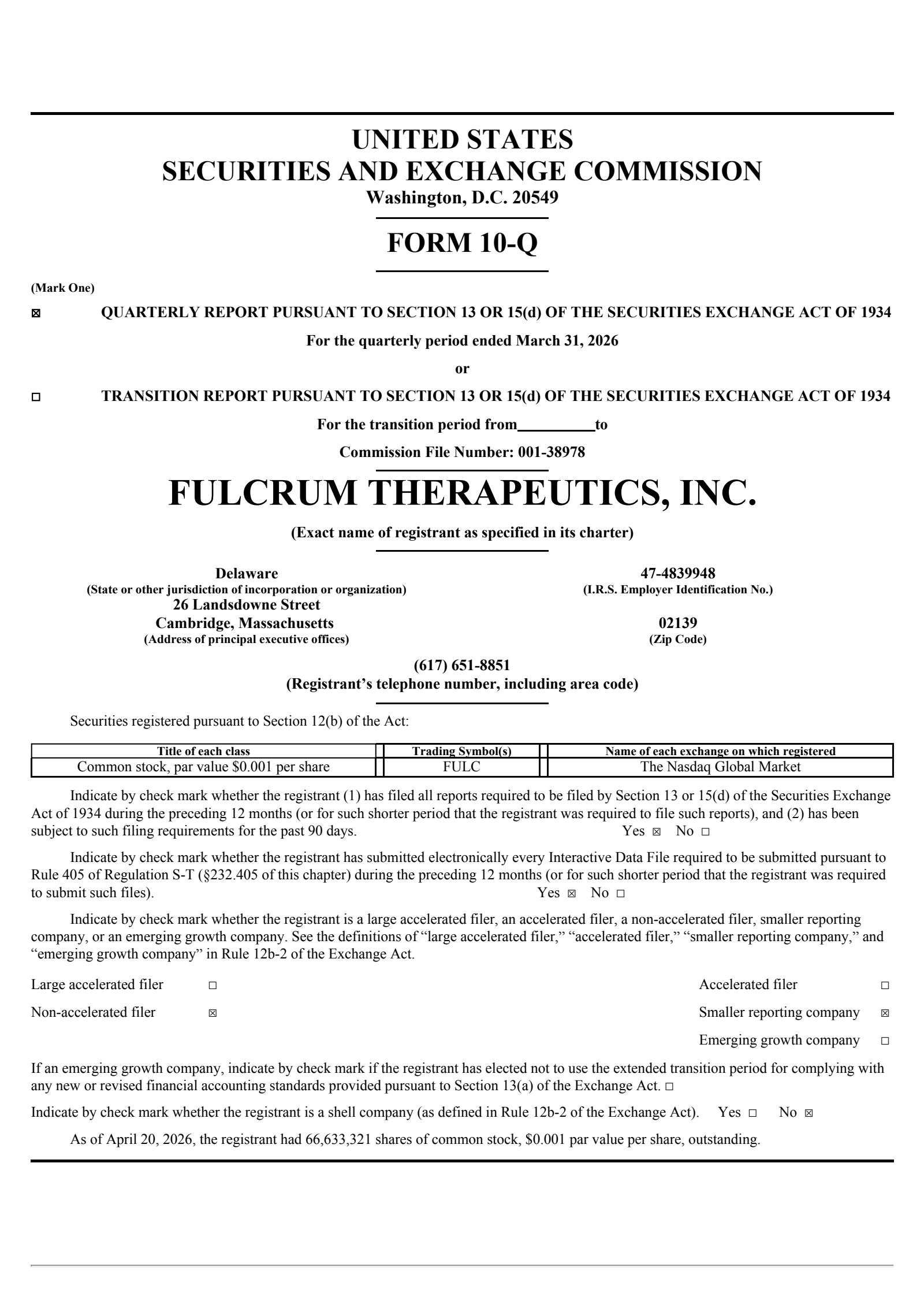 Fulcrum Therapeutics' Q1 2026 Quarterly report