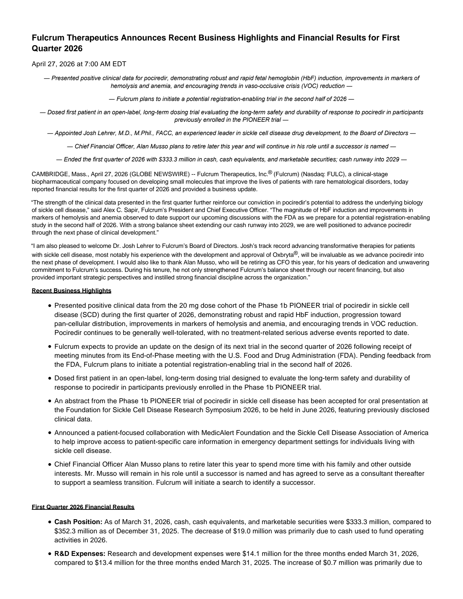 Fulcrum Therapeutics' Q1 2026 Press Release