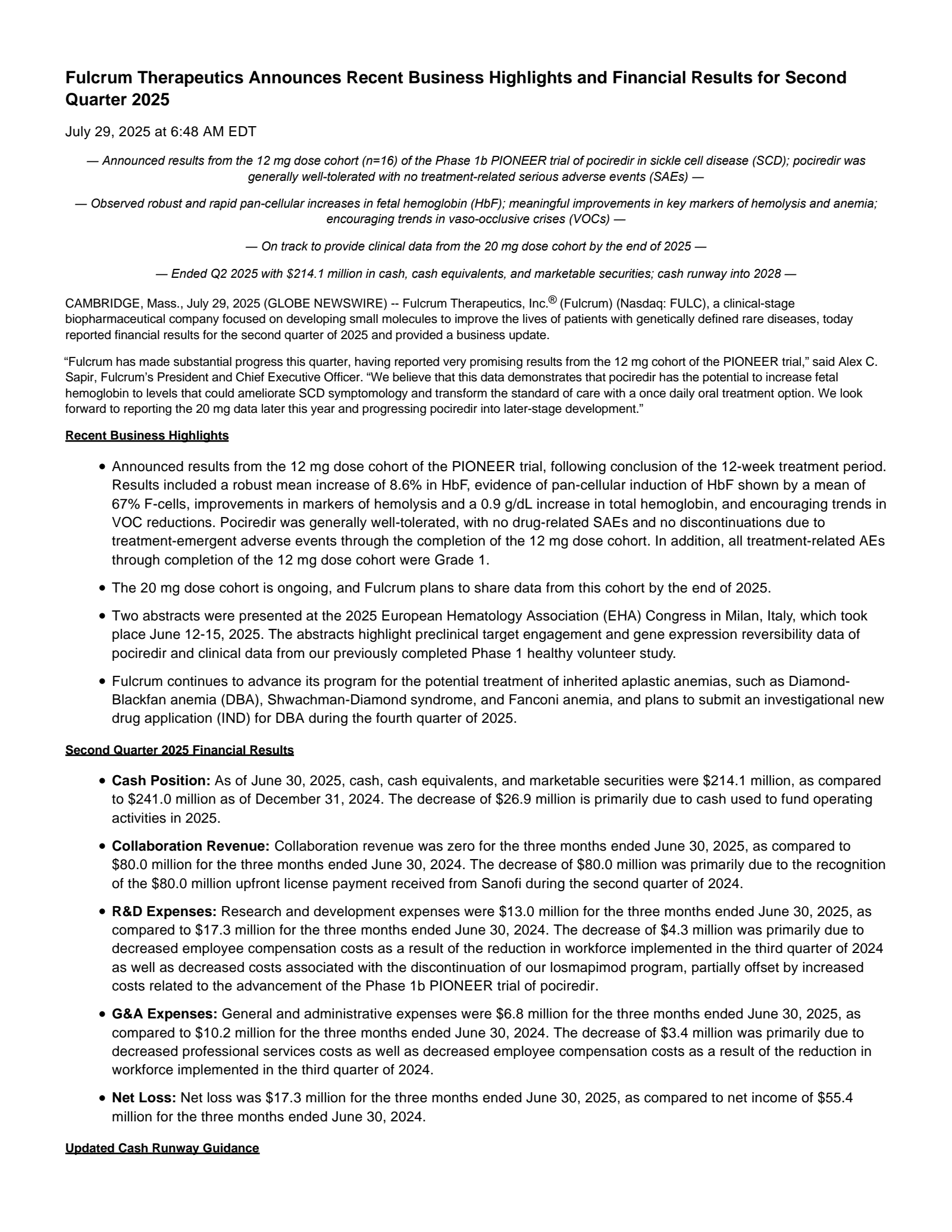 Fulcrum Therapeutics' Q2 2025 Press Release