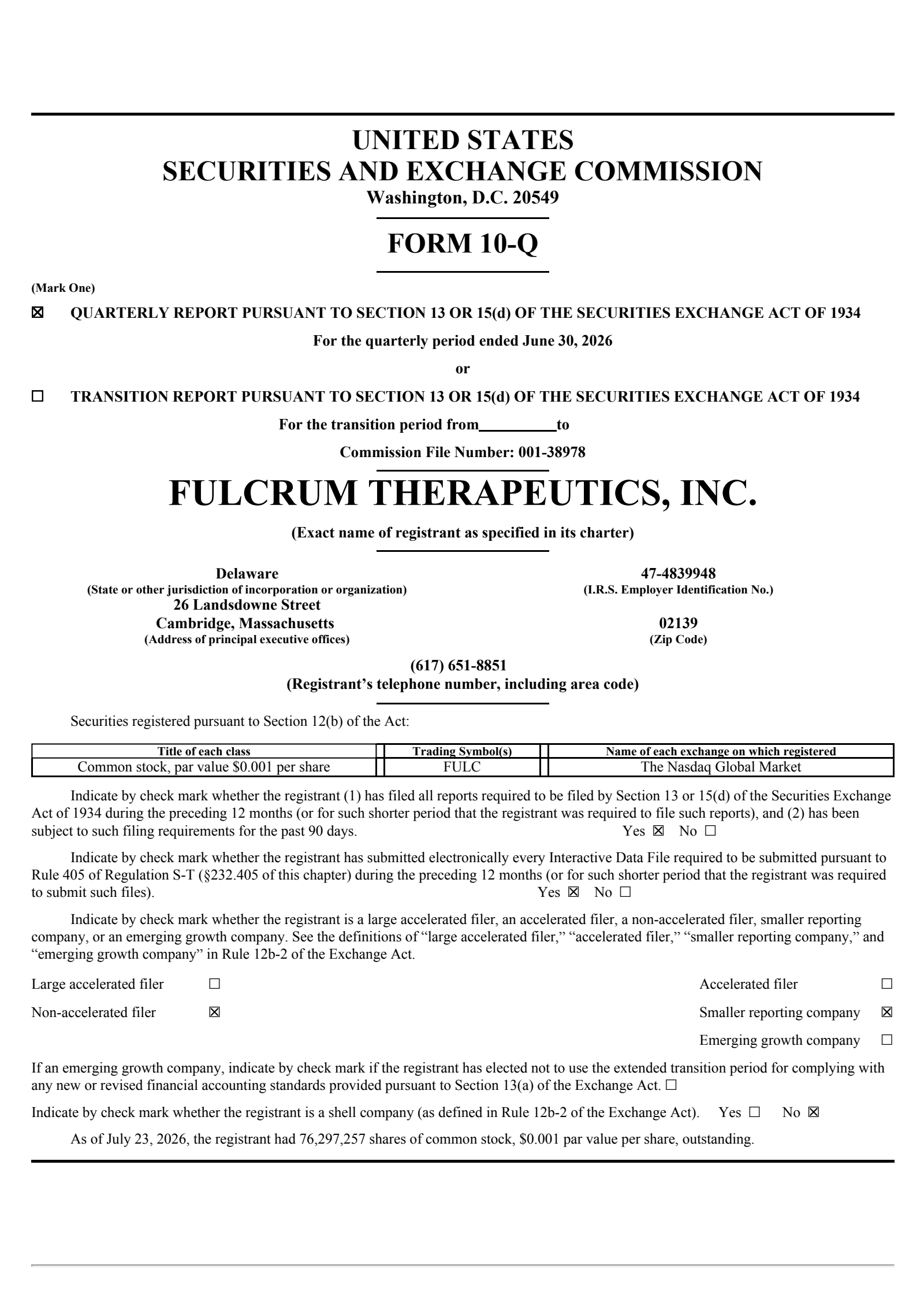 Fulcrum Therapeutics' Q2 2026 Quarterly report