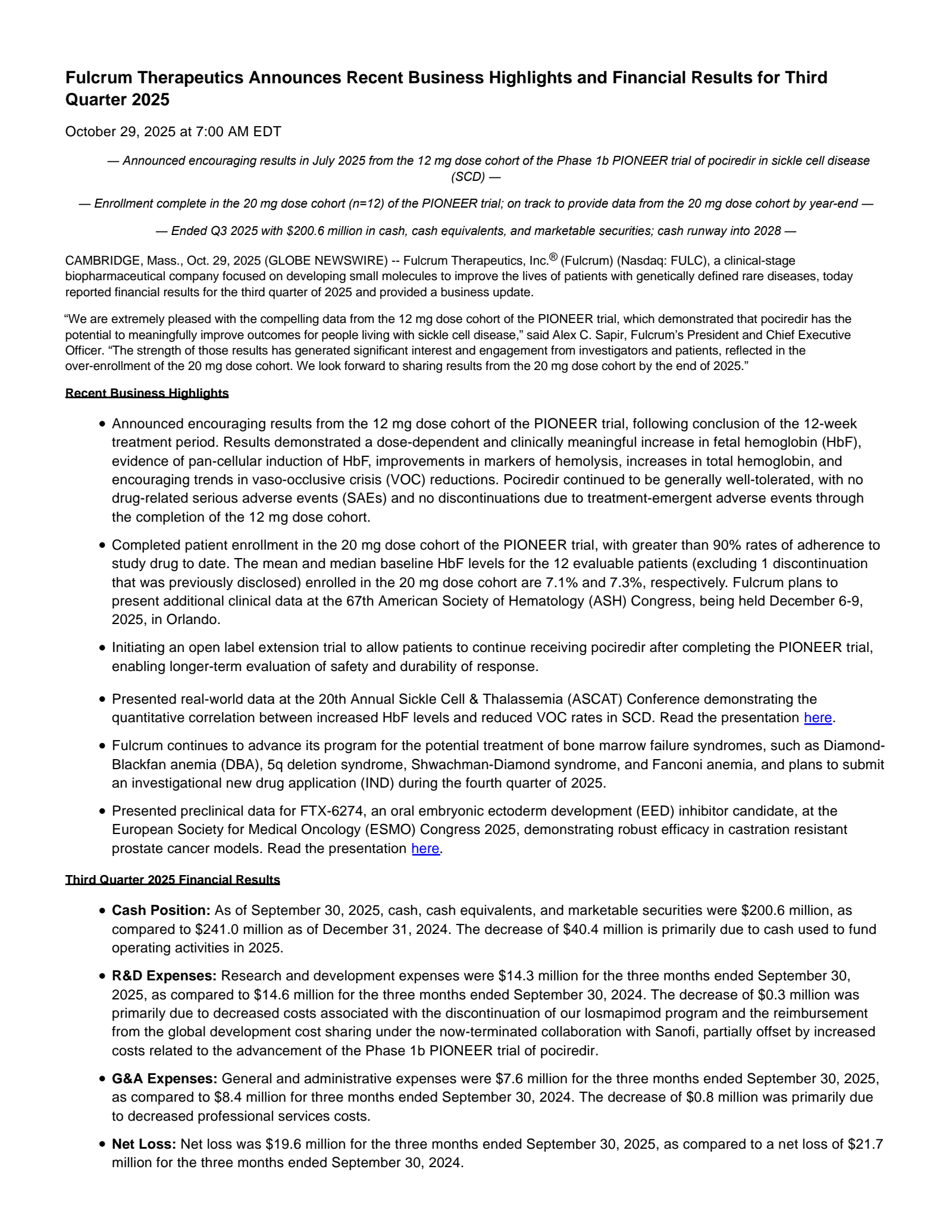 Fulcrum Therapeutics' Q3 2025 Earnings Release