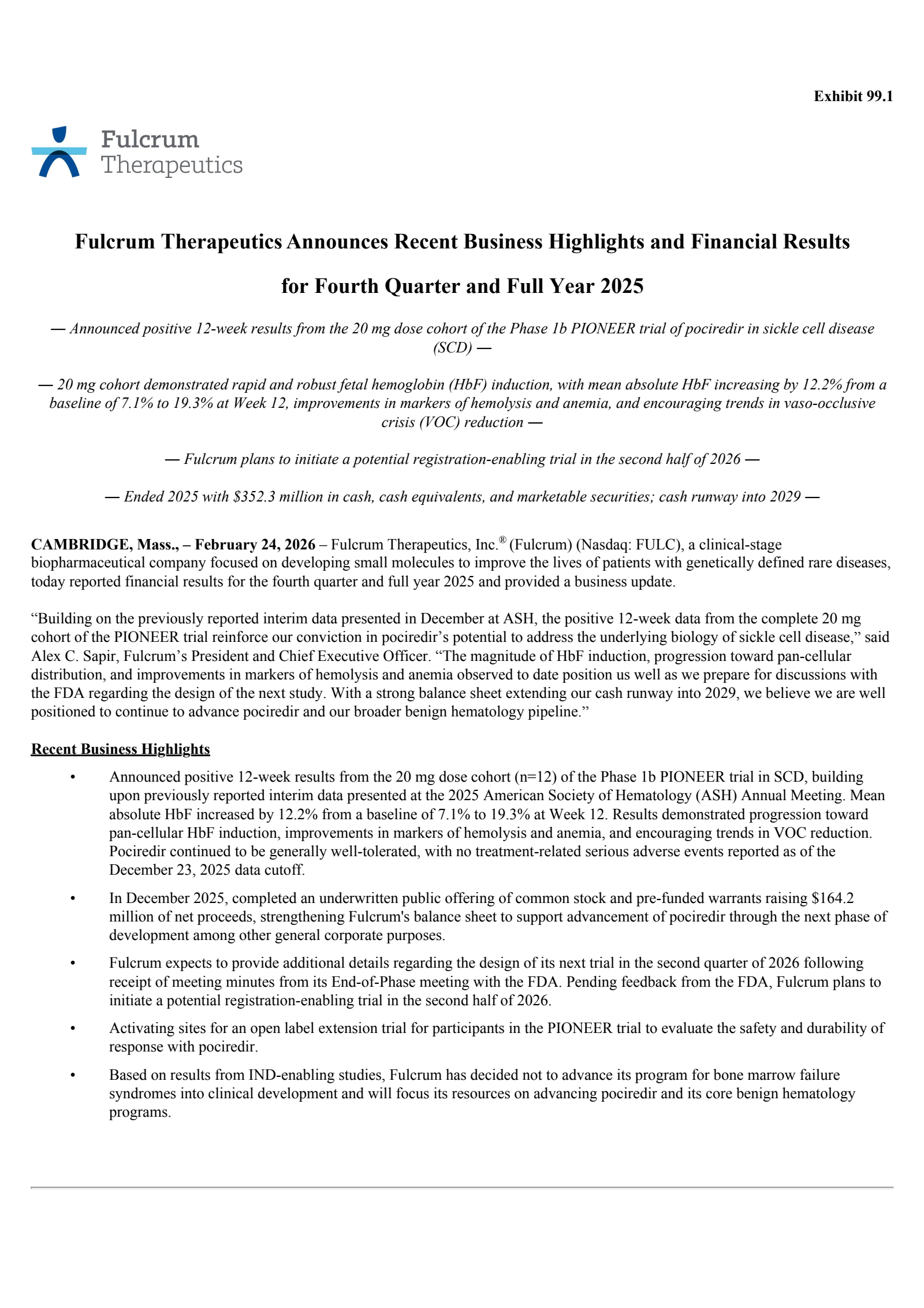 Fulcrum Therapeutics' Q4 2025 Press Release