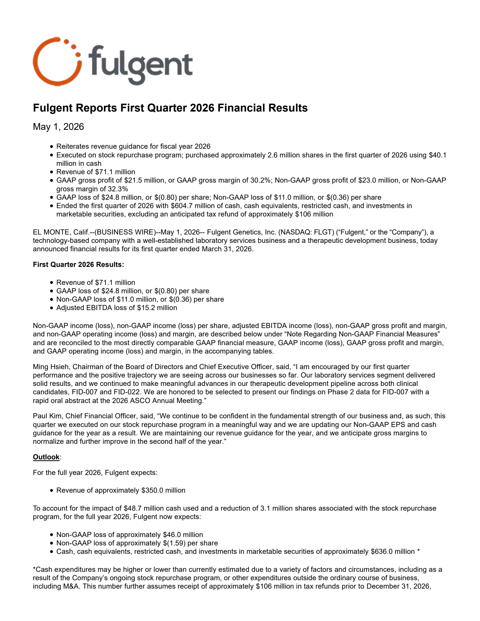Fulgent Genetics' Q1 2026 Press Release