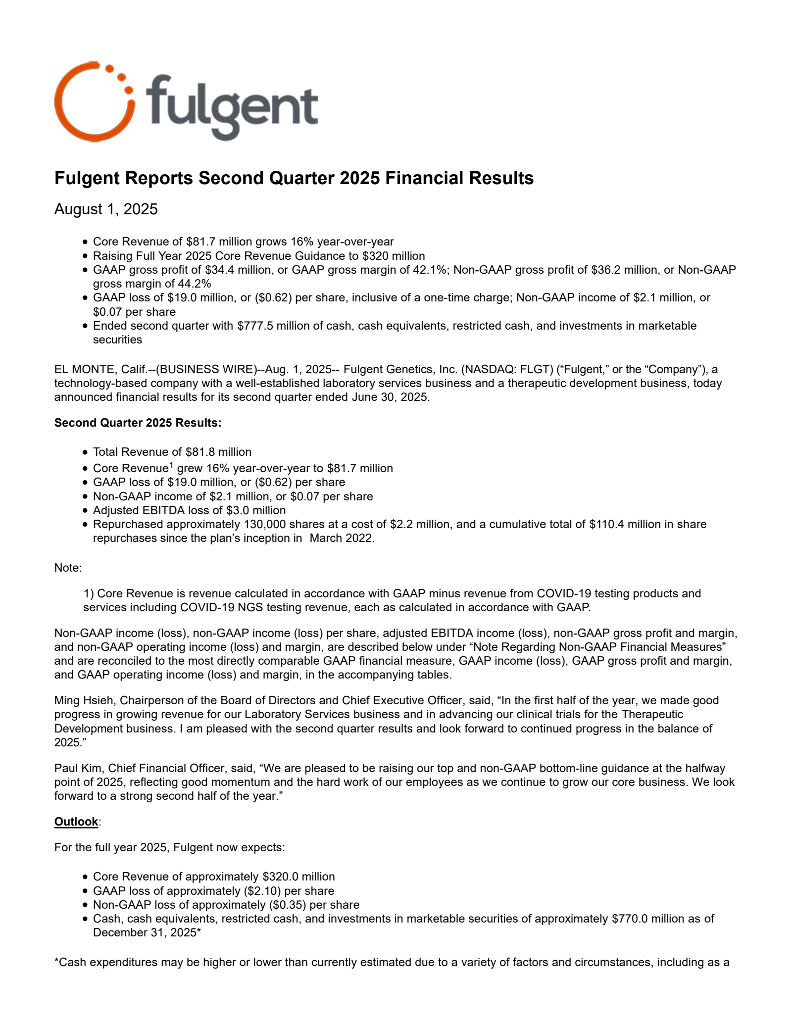 Fulgent Genetics' Q2 2025 Press Release