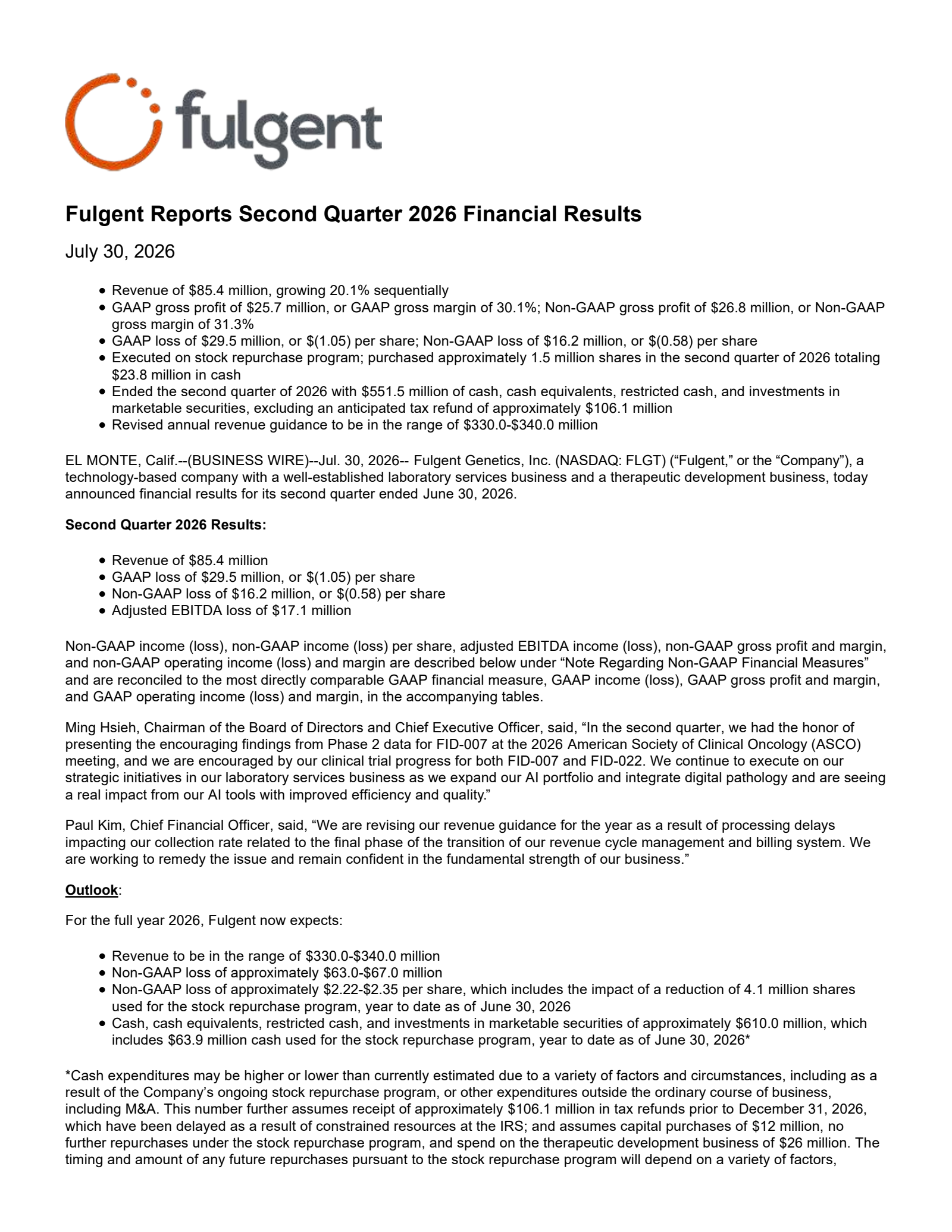 Fulgent Genetics' Q2 2026 Press Release