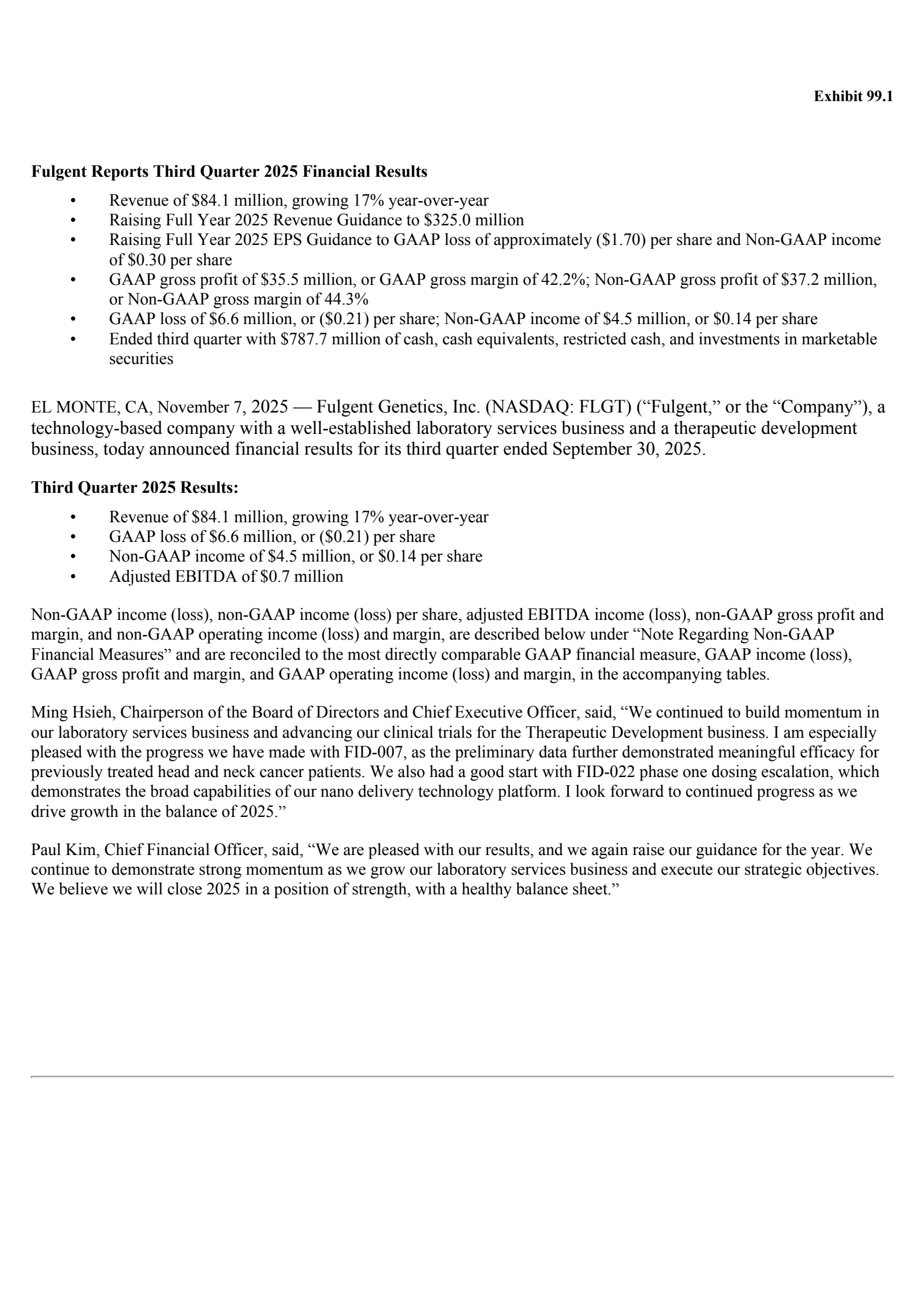 Fulgent Genetics' Q3 2025 Earnings Release