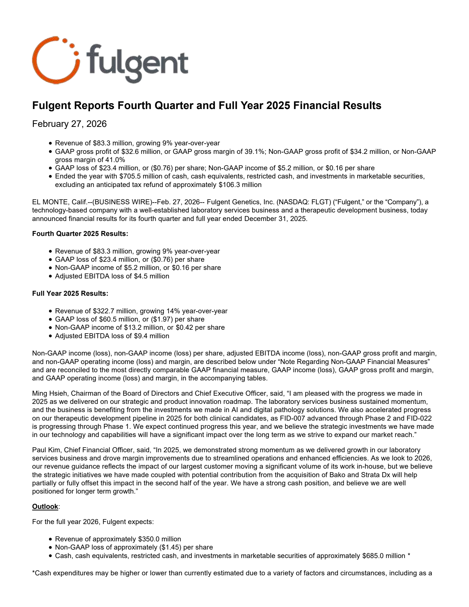 Fulgent Genetics' Q4 2025 Press Release
