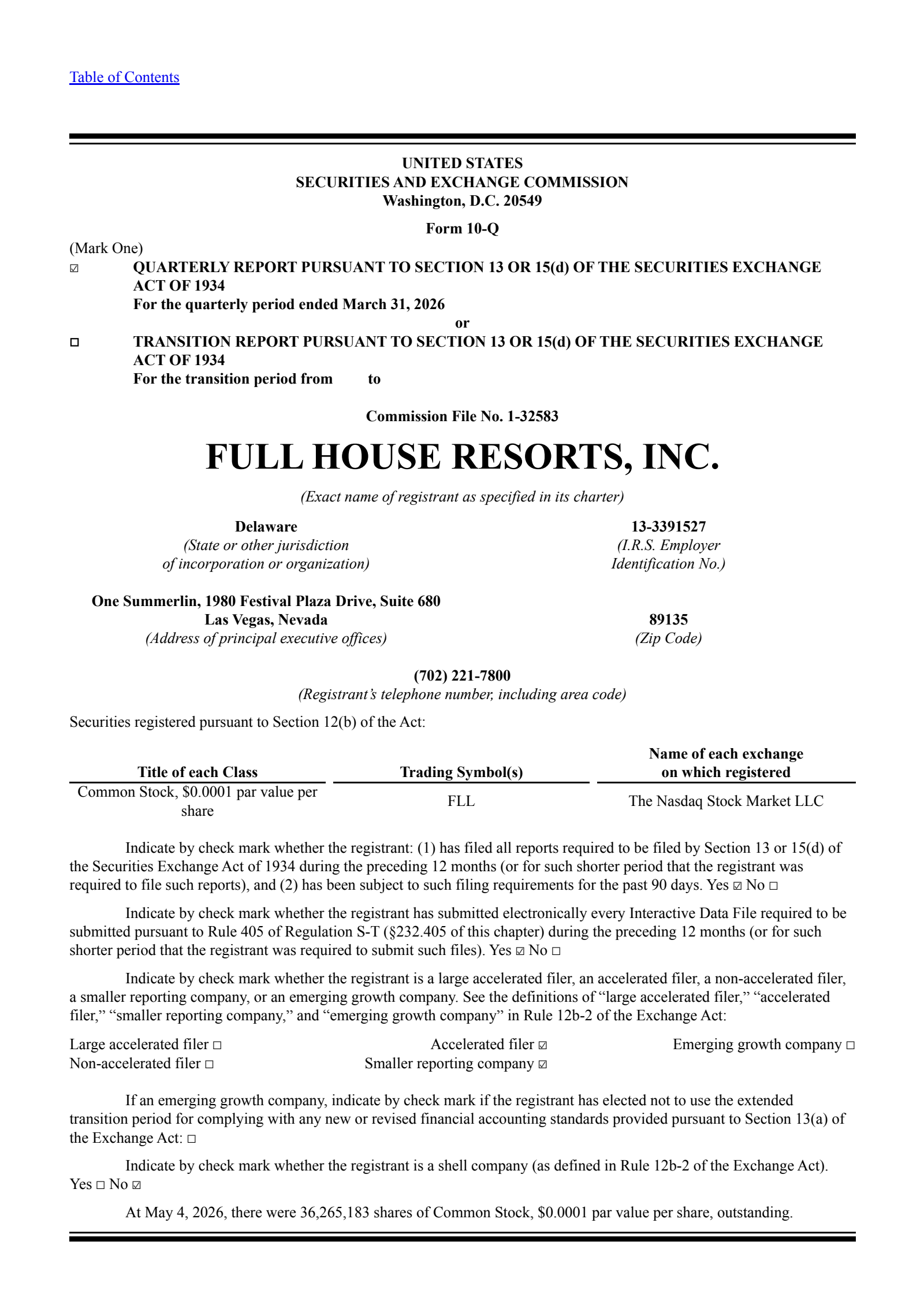 Full House Resorts' Q1 2026 Quarterly report