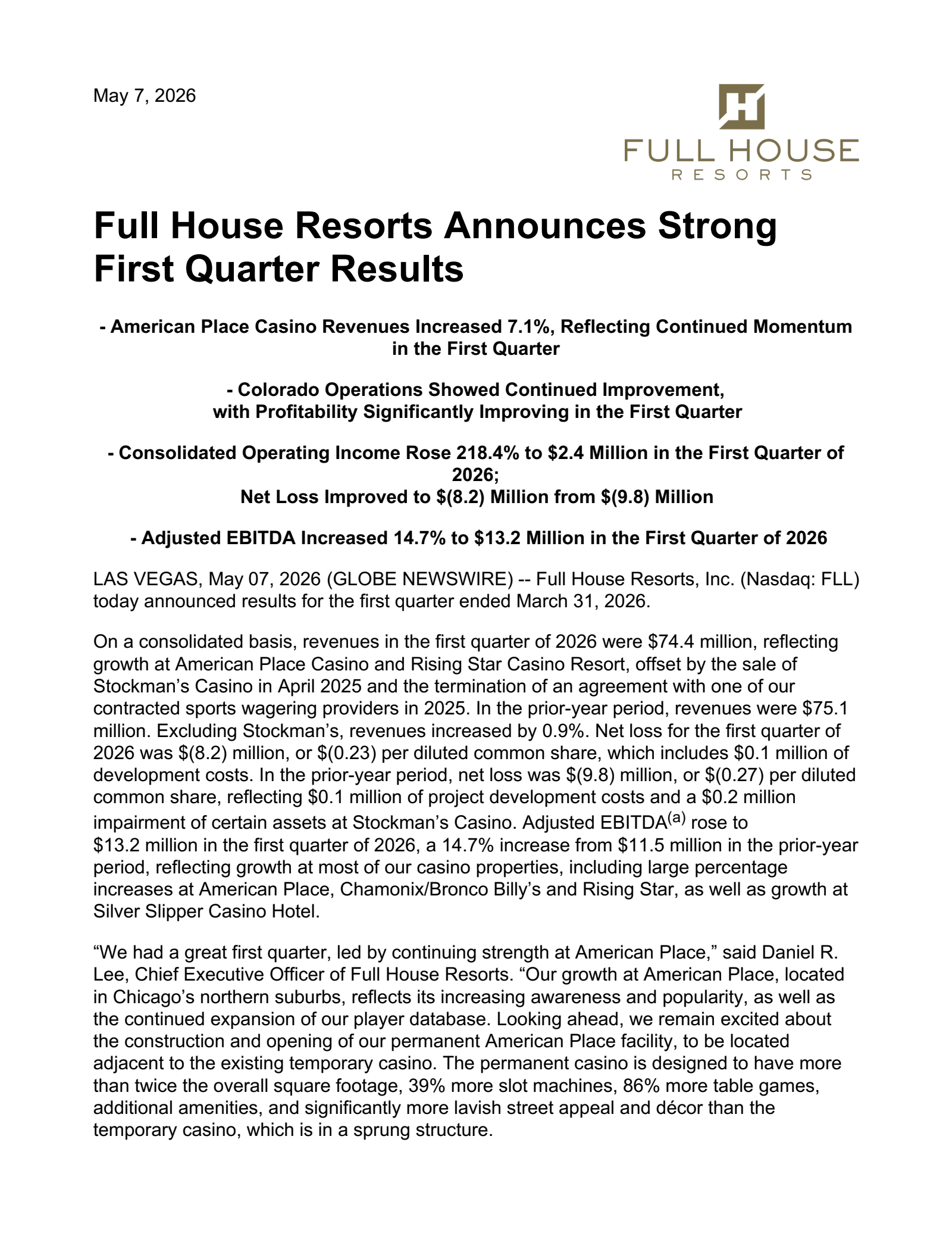 Full House Resorts' Q1 2026 Press Release