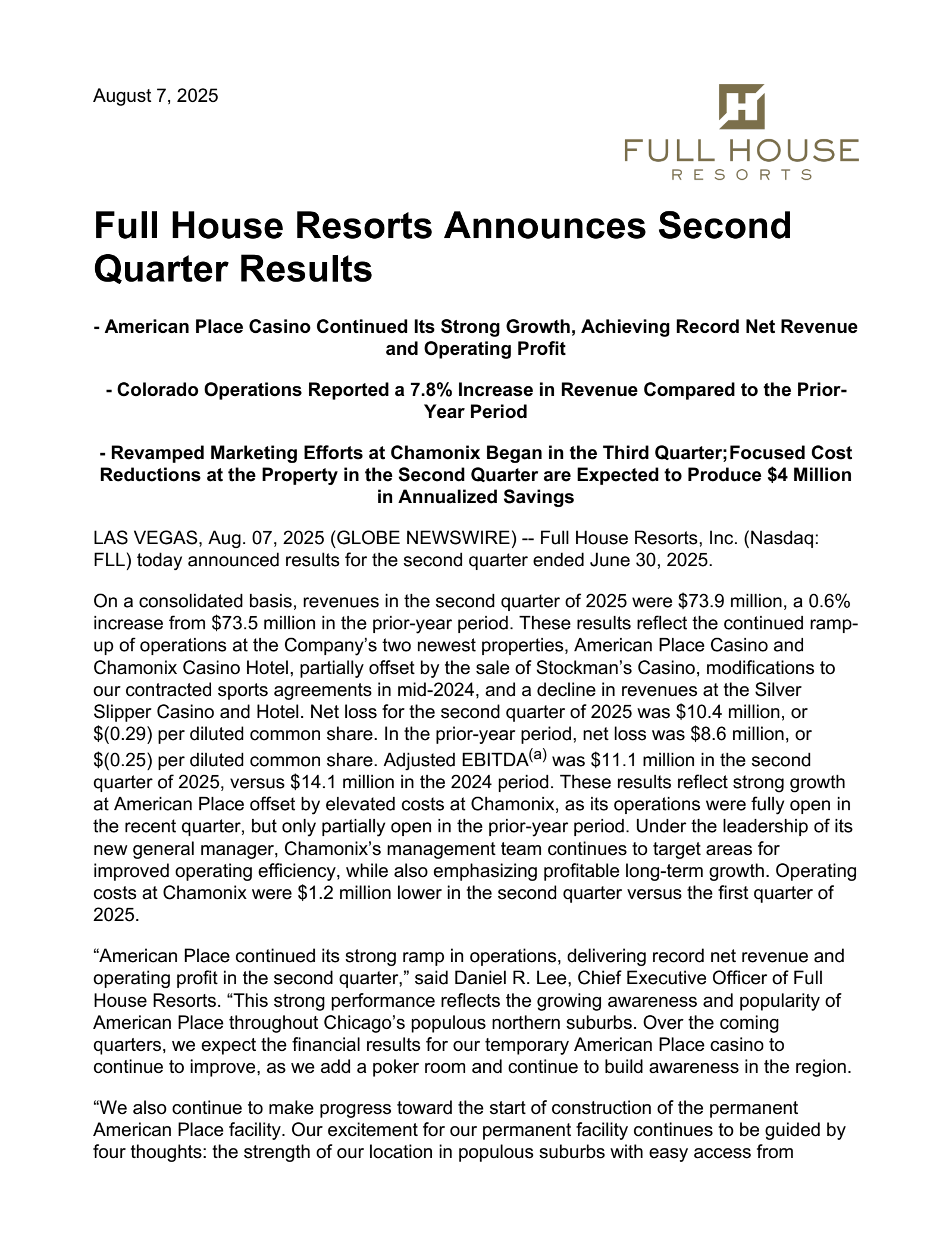 Full House Resorts' Q2 2025 Press Release