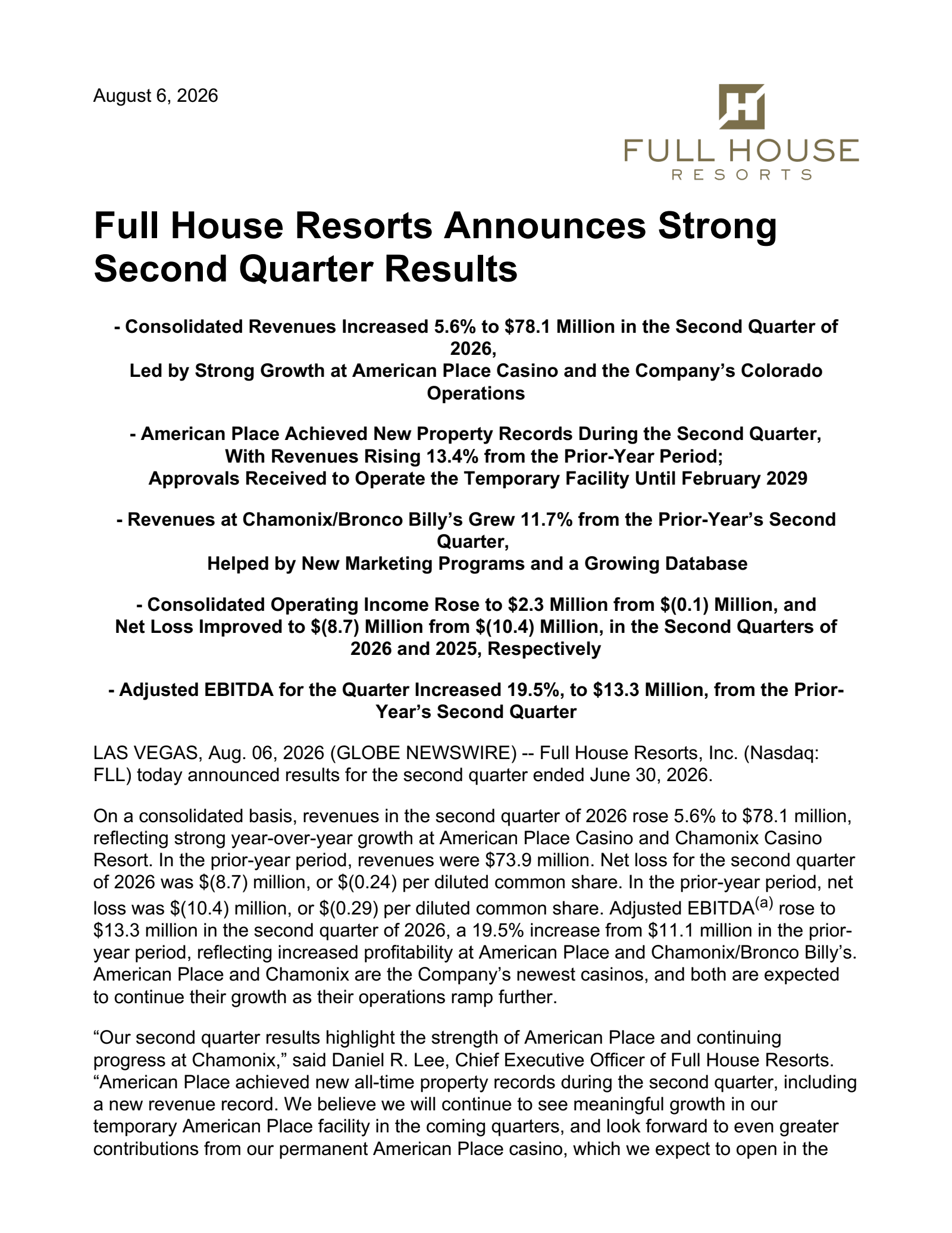Full House Resorts' Q2 2026 Press Release