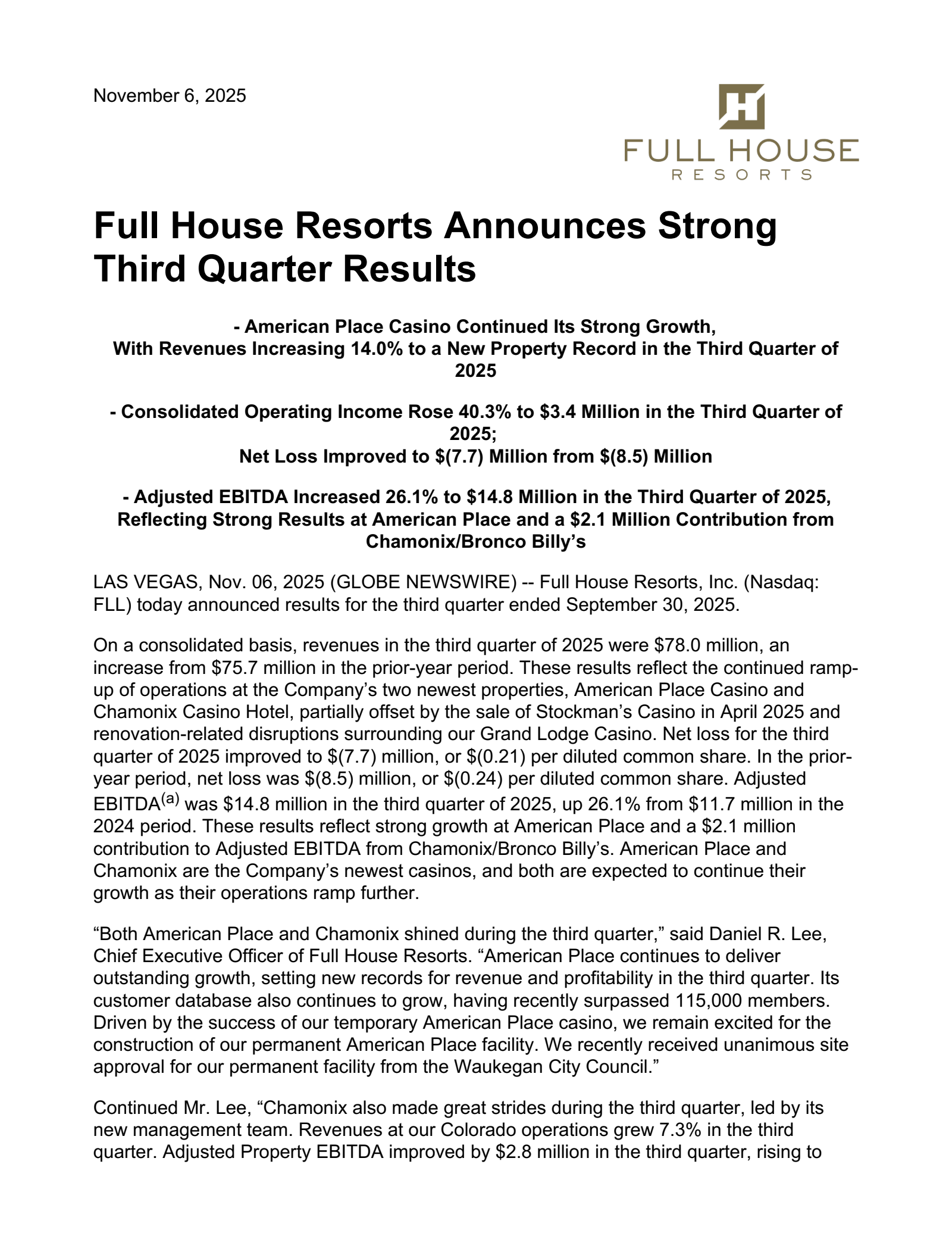 Full House Resorts' Q3 2025 Earnings Release