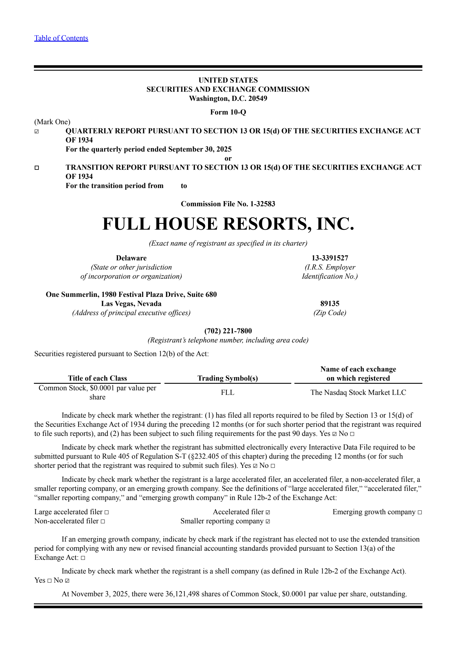 Full House Resorts' Q3 2025 Quarterly Report