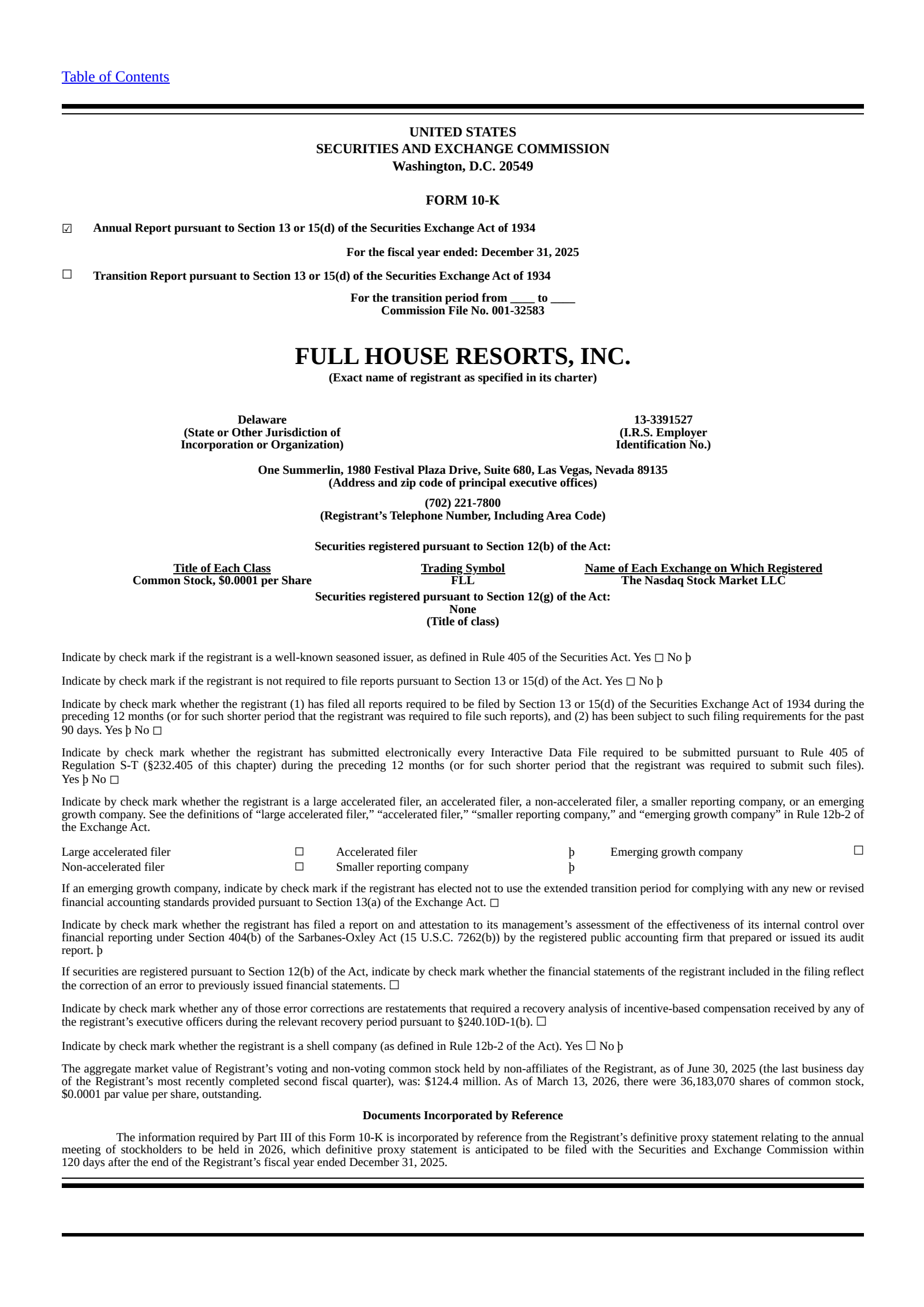 Full House Resorts' Q4 2025 Annual report