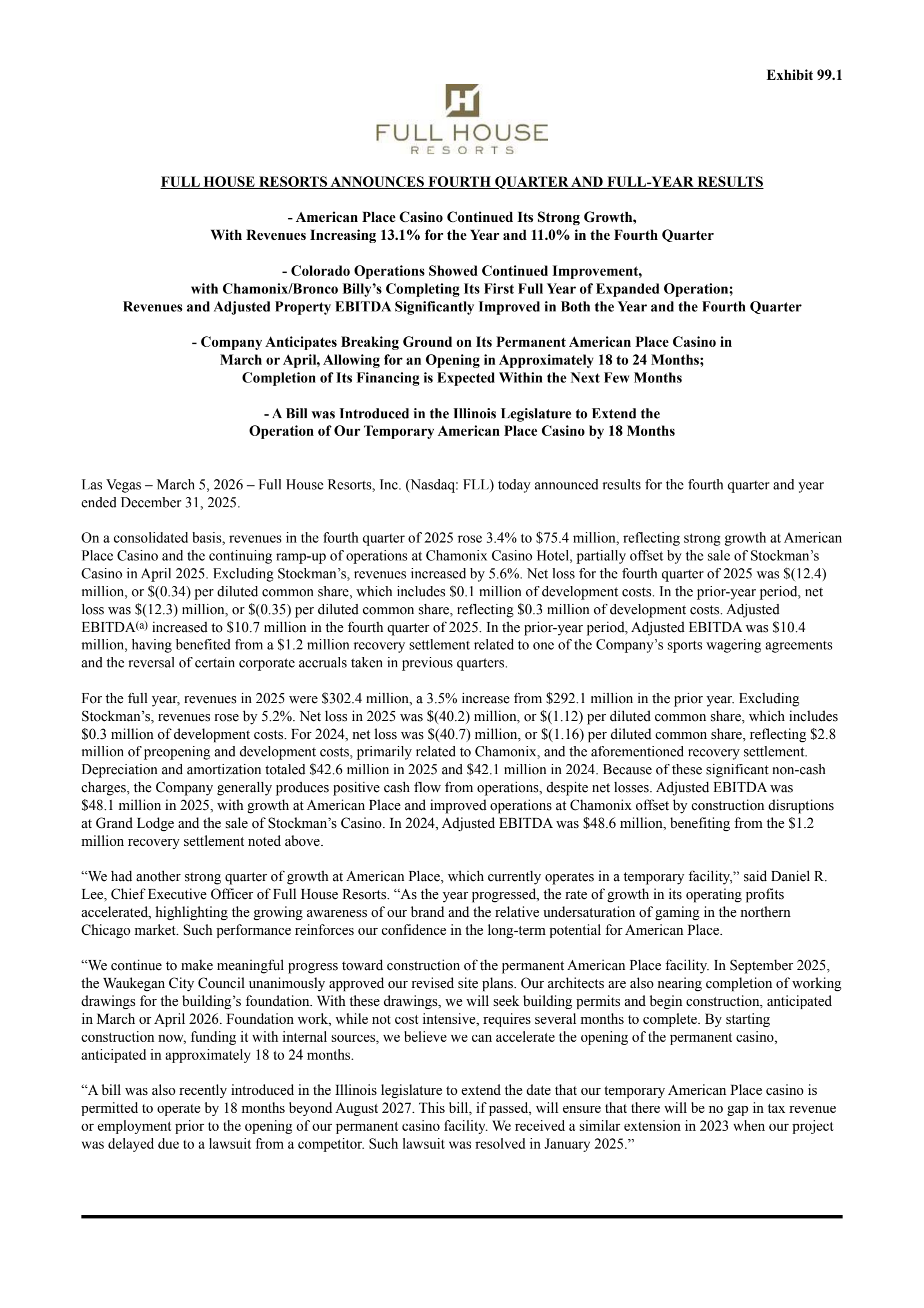 Full House Resorts' Q4 2025 Press Release