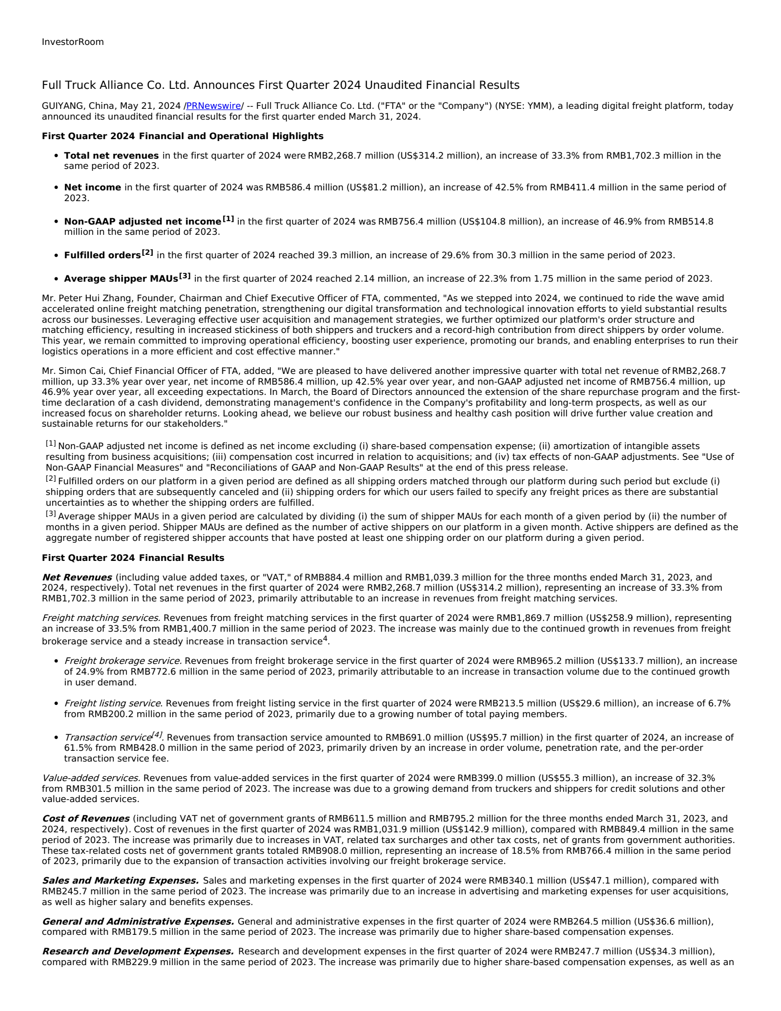 Full Truck Alliance's Q1 2024 Press Release
