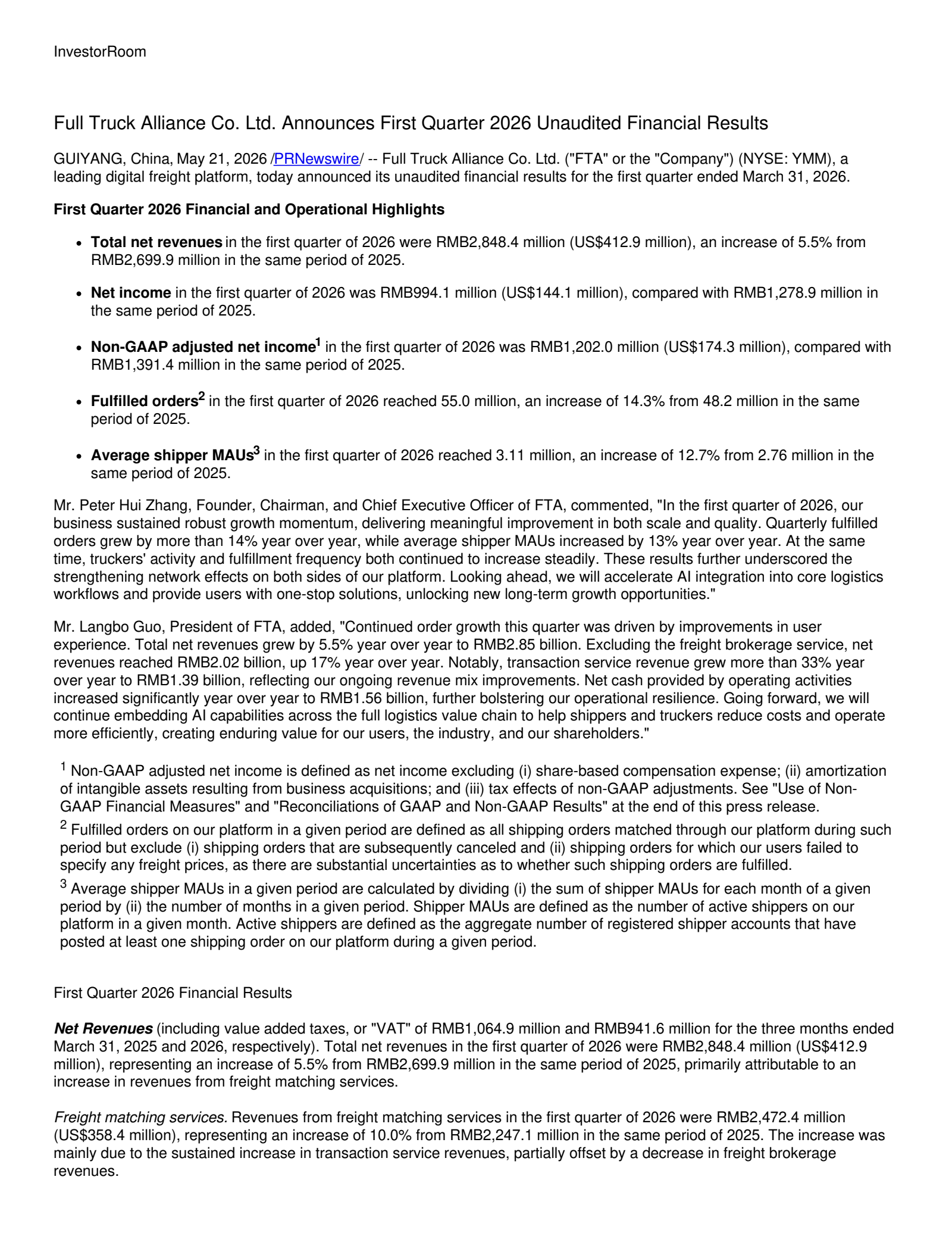 Full Truck Alliance's Q1 2026 Press Release