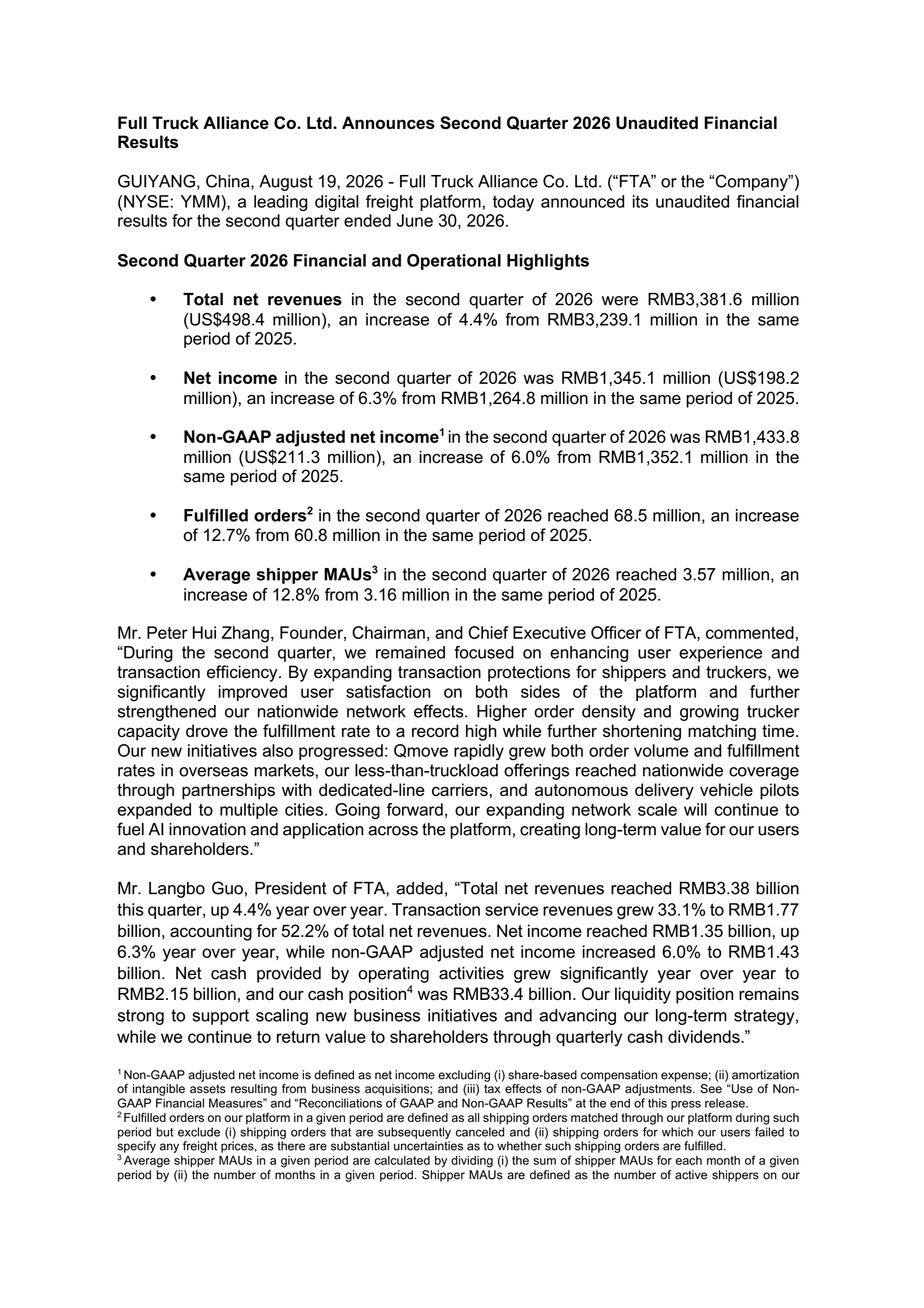 Full Truck Alliance's Q2 2026 Press Release