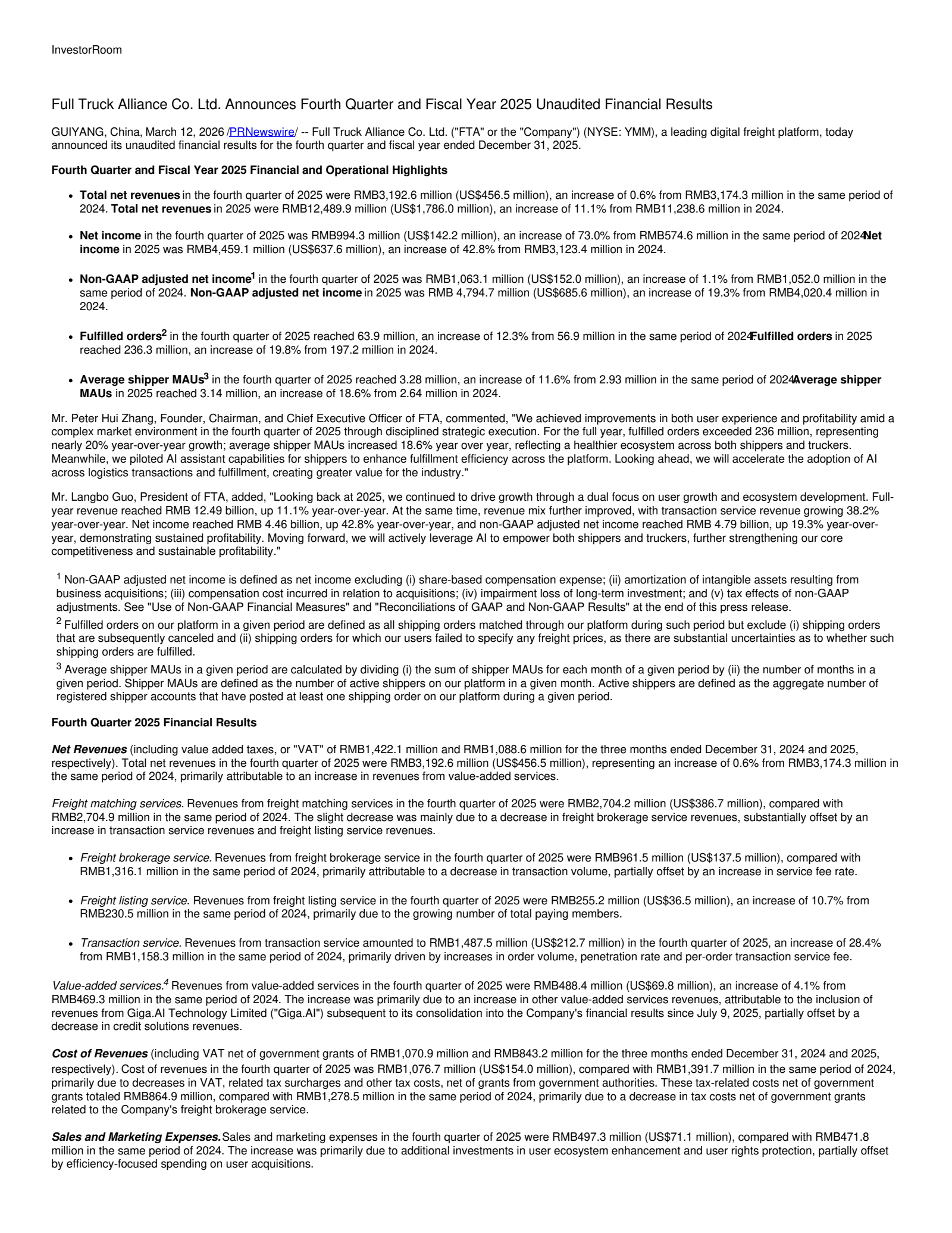 Full Truck Alliance's Q4 2025 Press Release