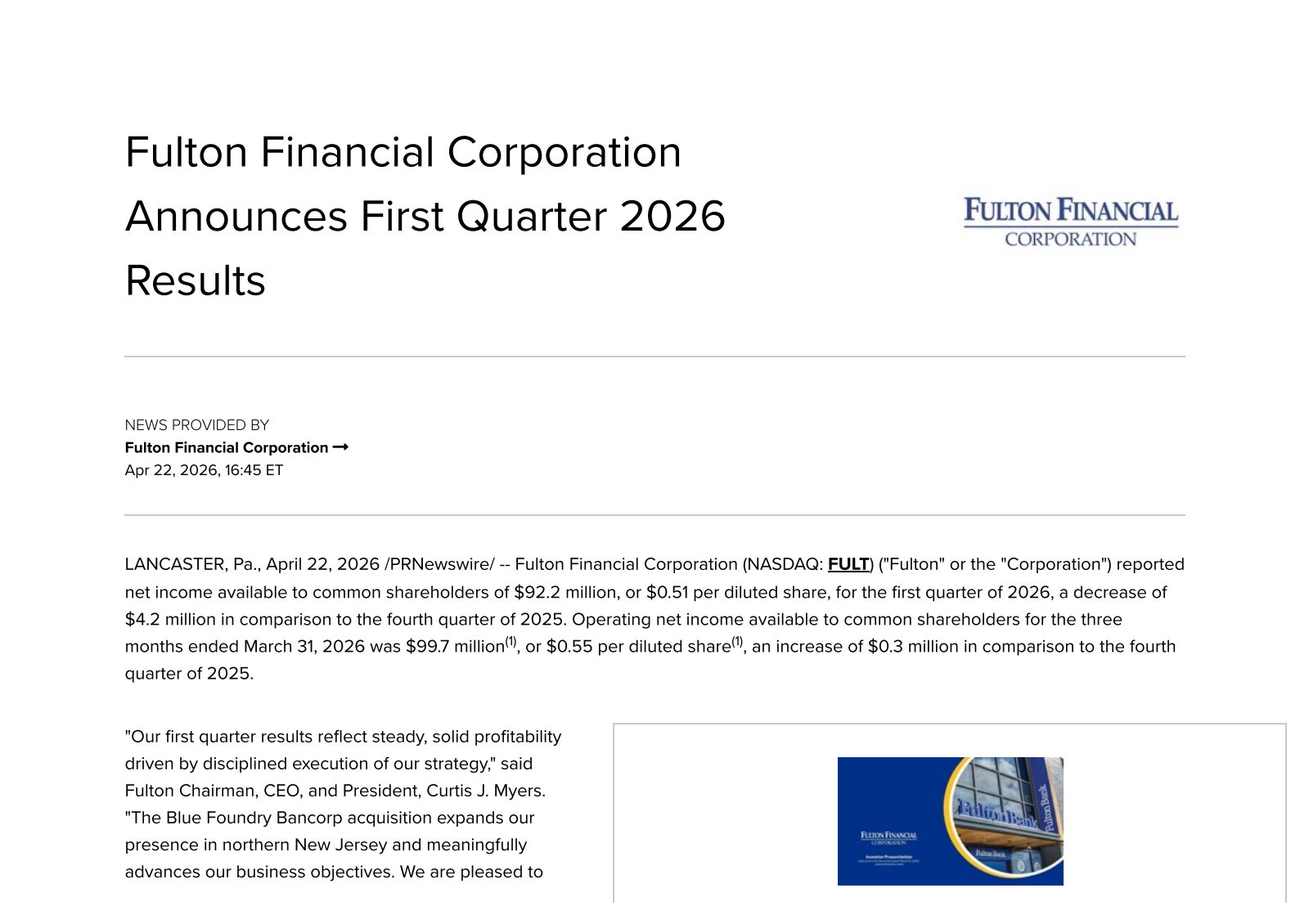 Fulton Financial's Q1 2026 Press Release