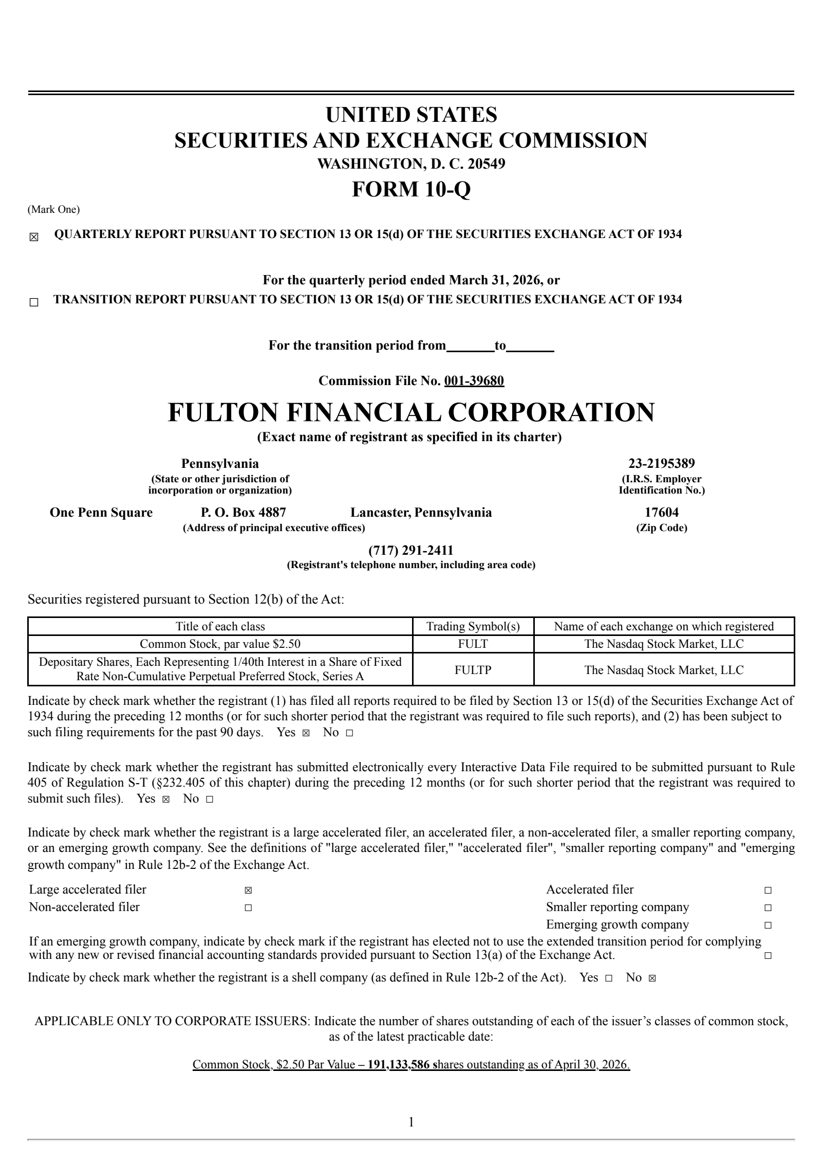 Fulton Financial's Q1 2026 Quarterly report