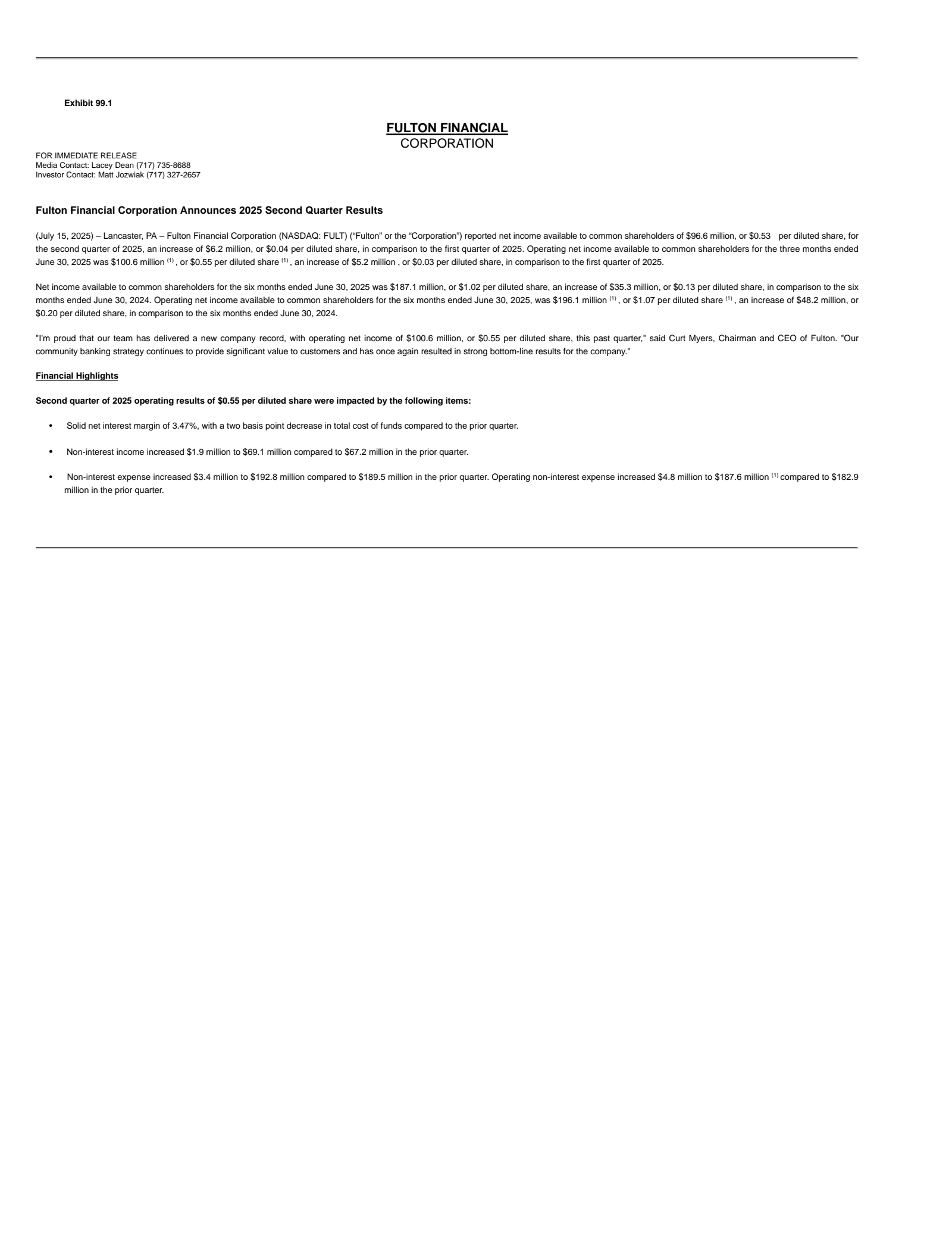 Fulton Financial's Q2 2025 Press Release