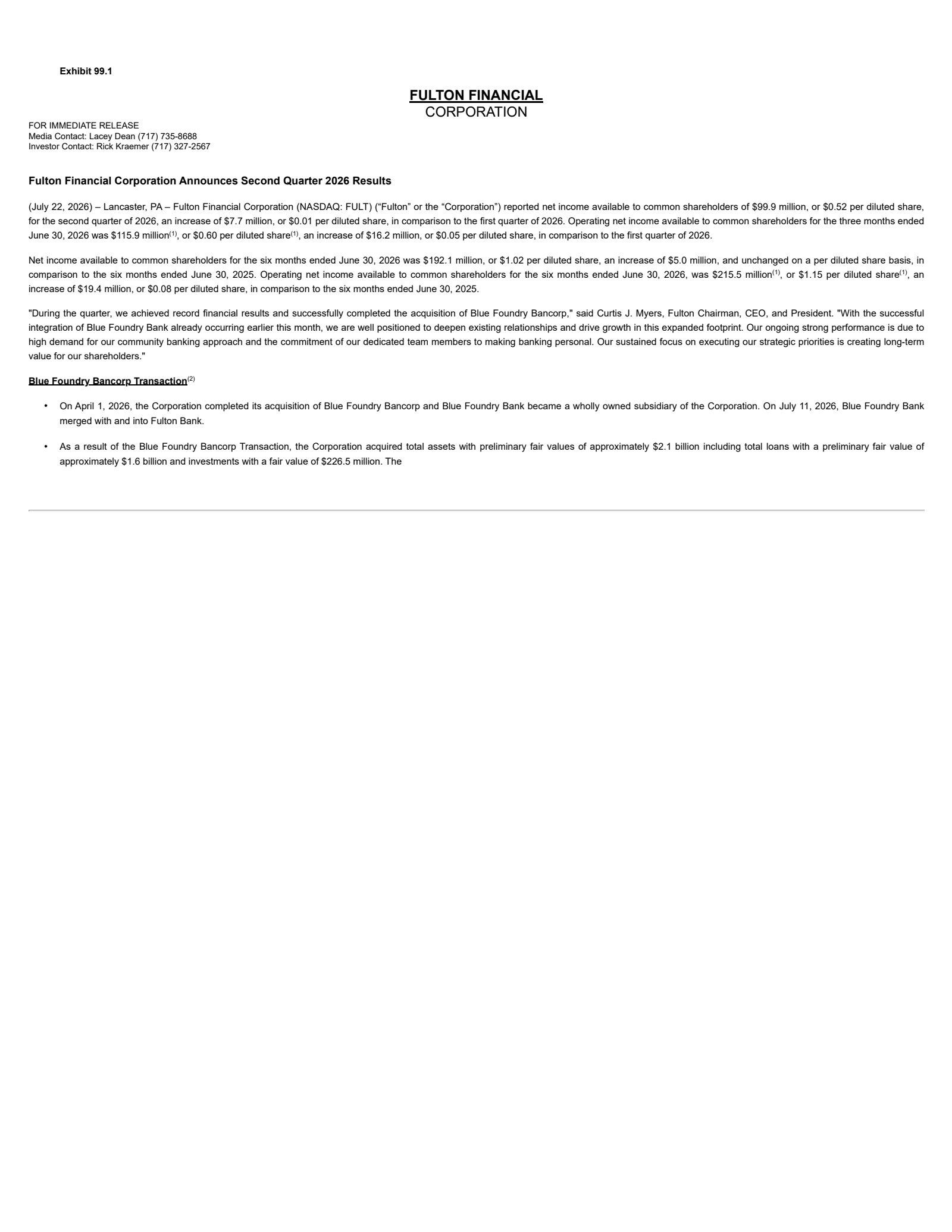 Fulton Financial's Q2 2026 Press Release