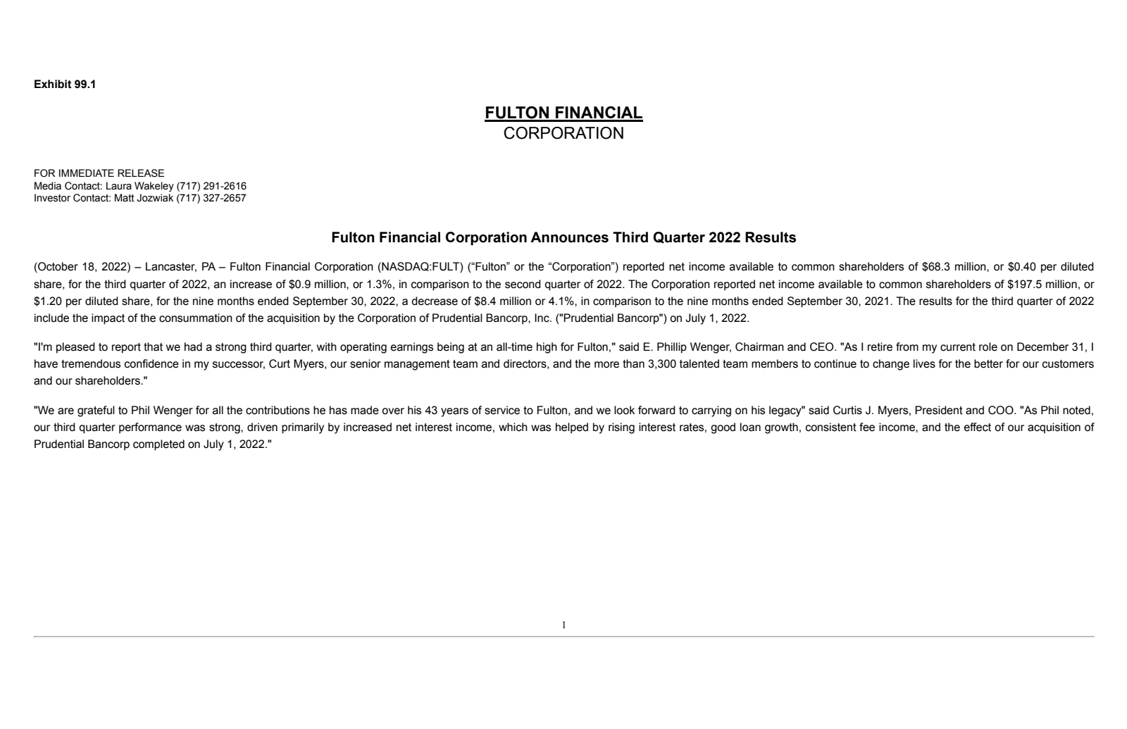 Fulton Financial's Q3 2022 Press Release