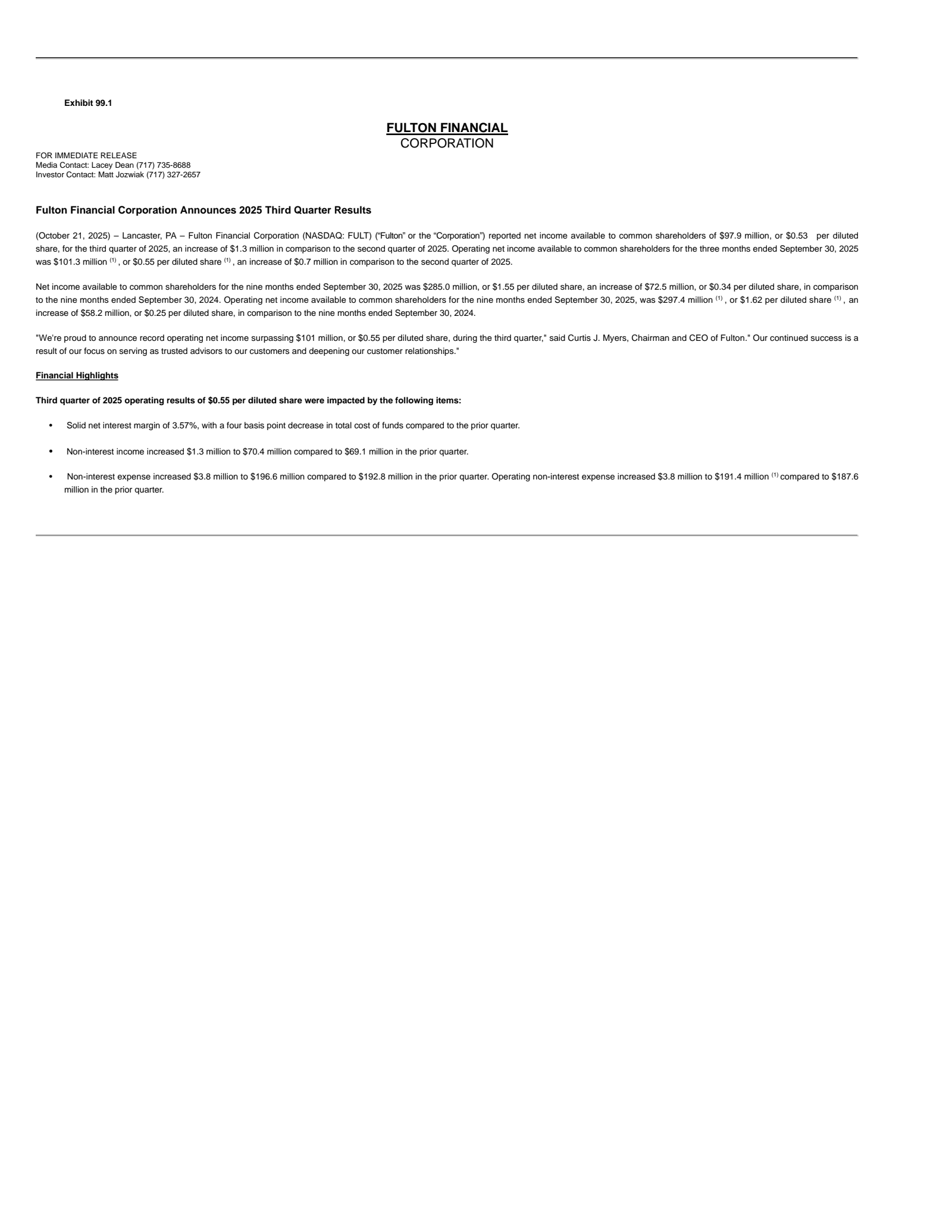 Fulton Financial's Q3 2025 Earnings Release