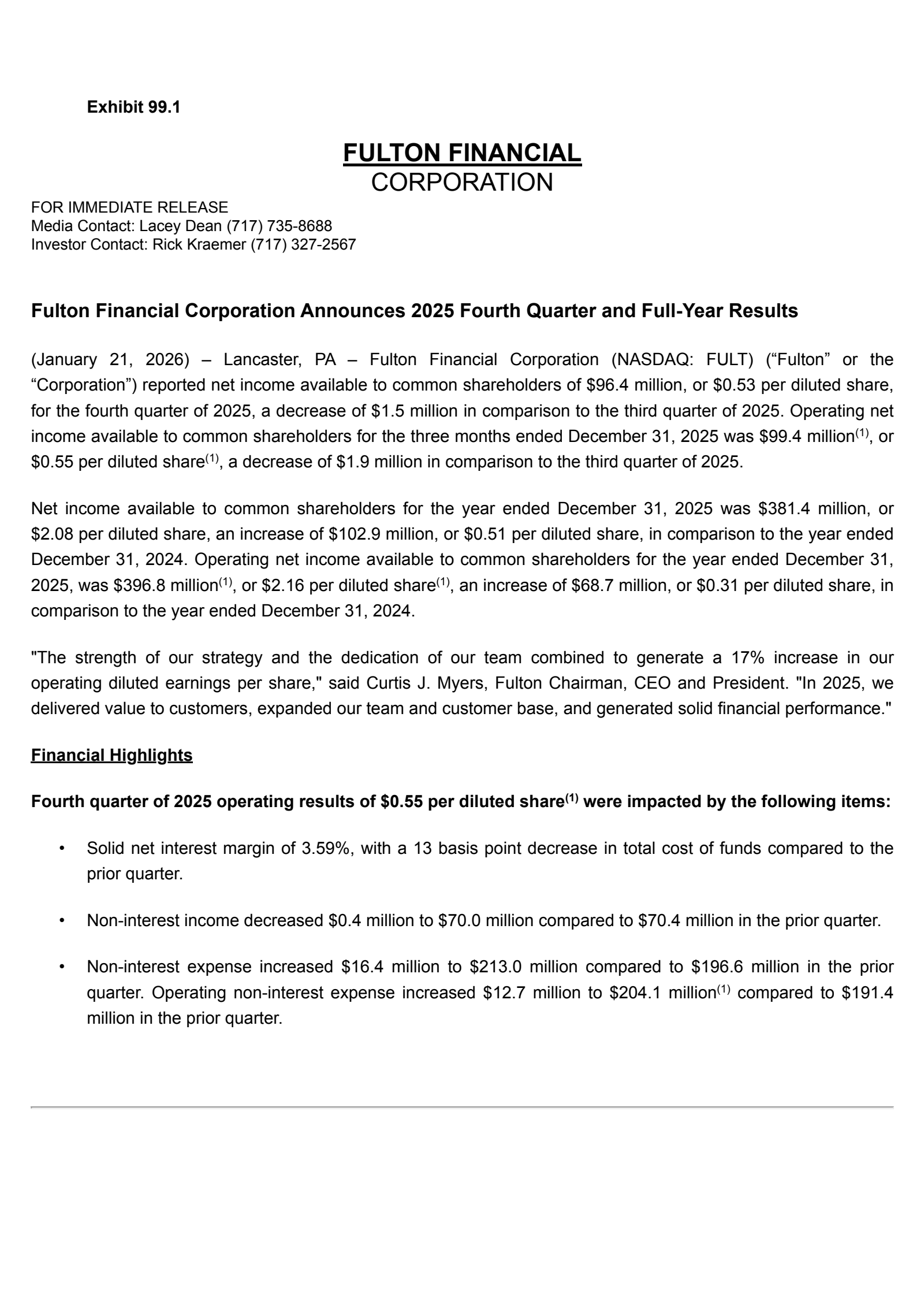 Fulton Financial's Q4 2025 Press Release