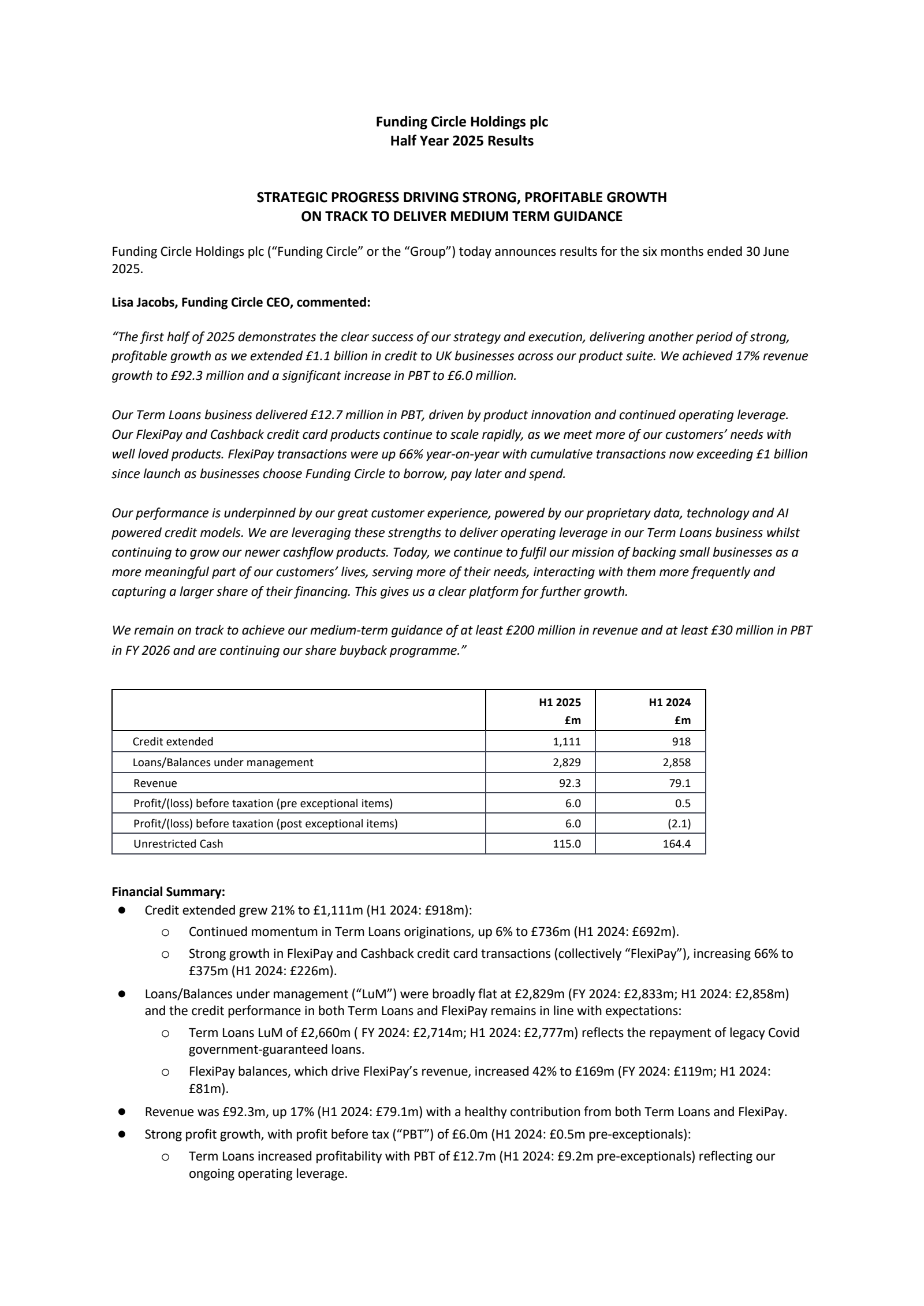 Funding Circle's H1 2025 Interim report
