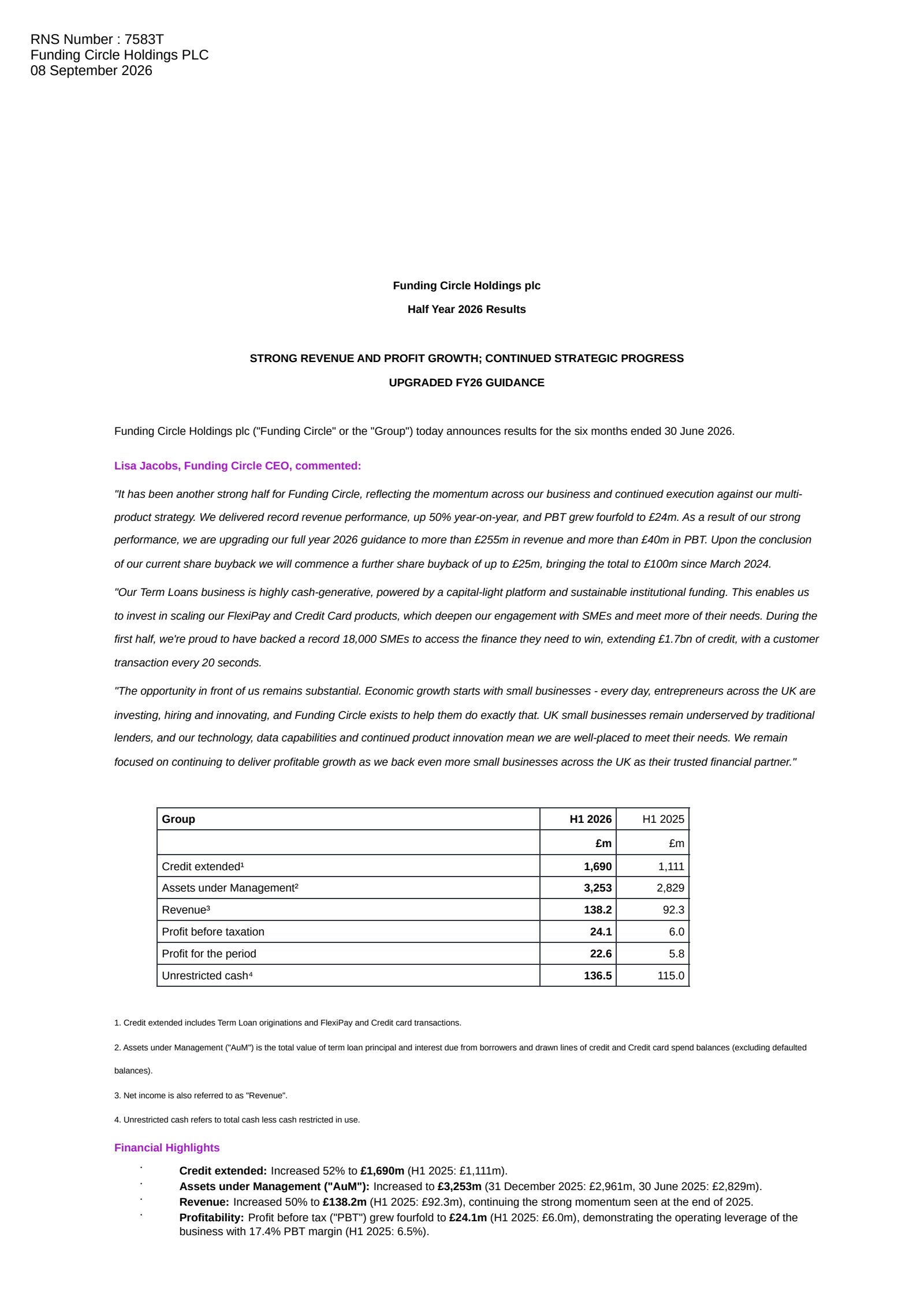 Funding Circle's H1 2026 Interim report