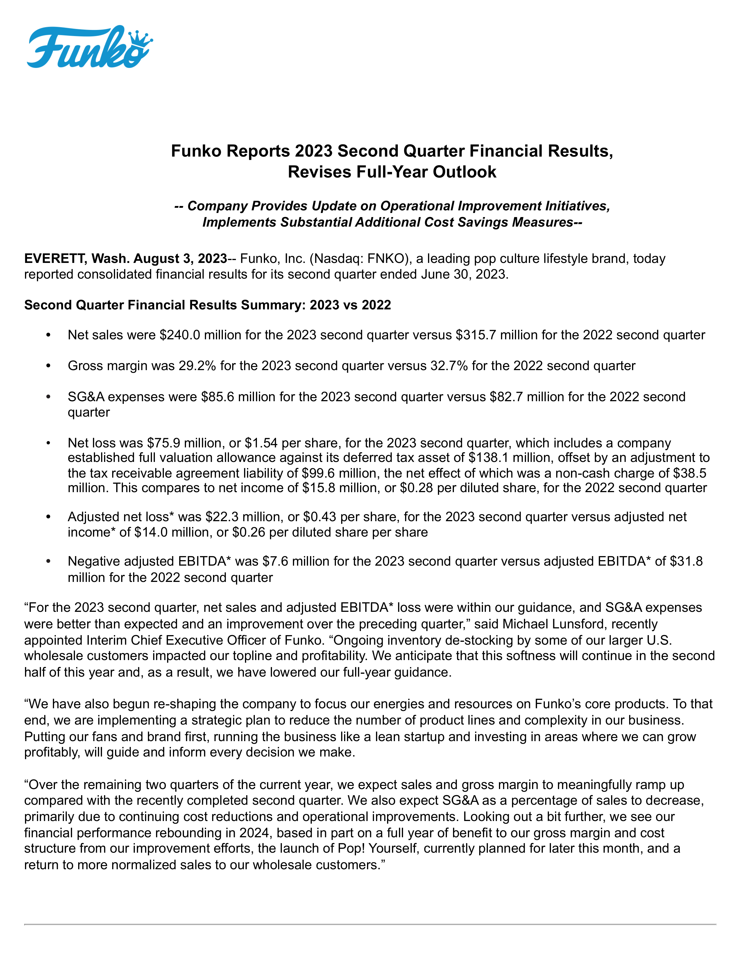 Funko's Q2 2023 Press Release
