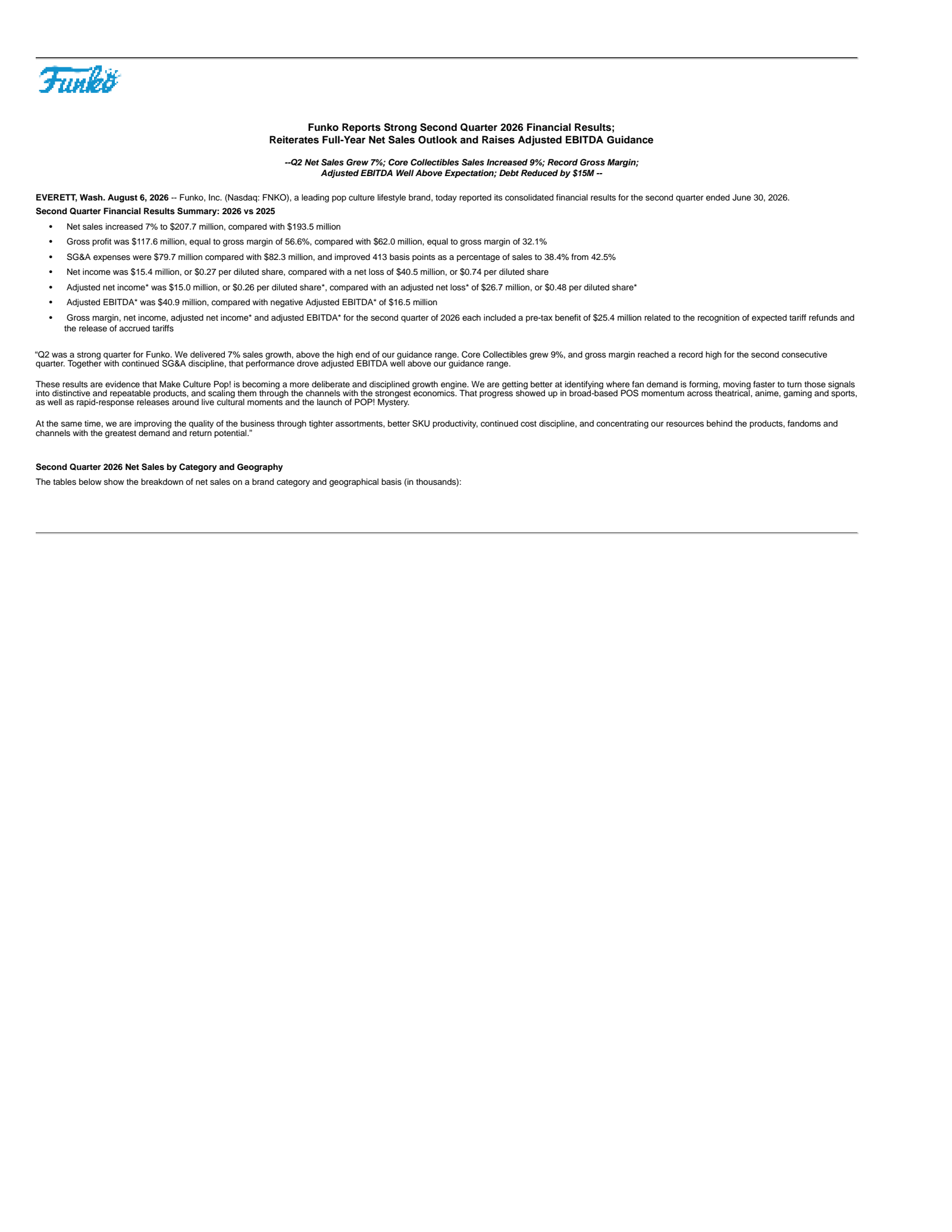 Funko's Q2 2026 Press Release