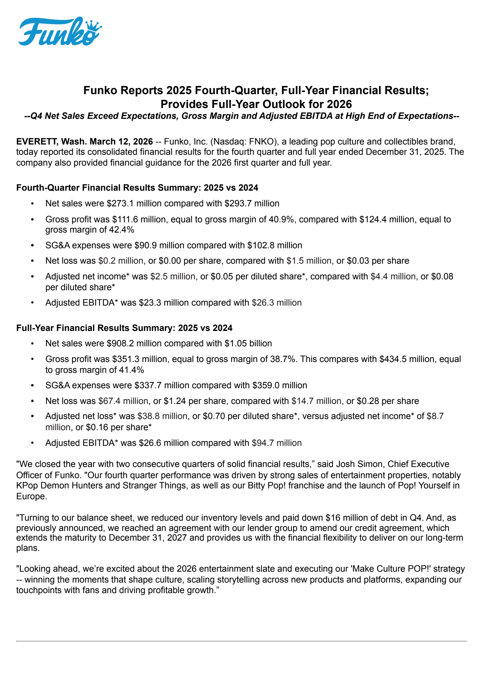 Funko's Q4 2025 Press Release