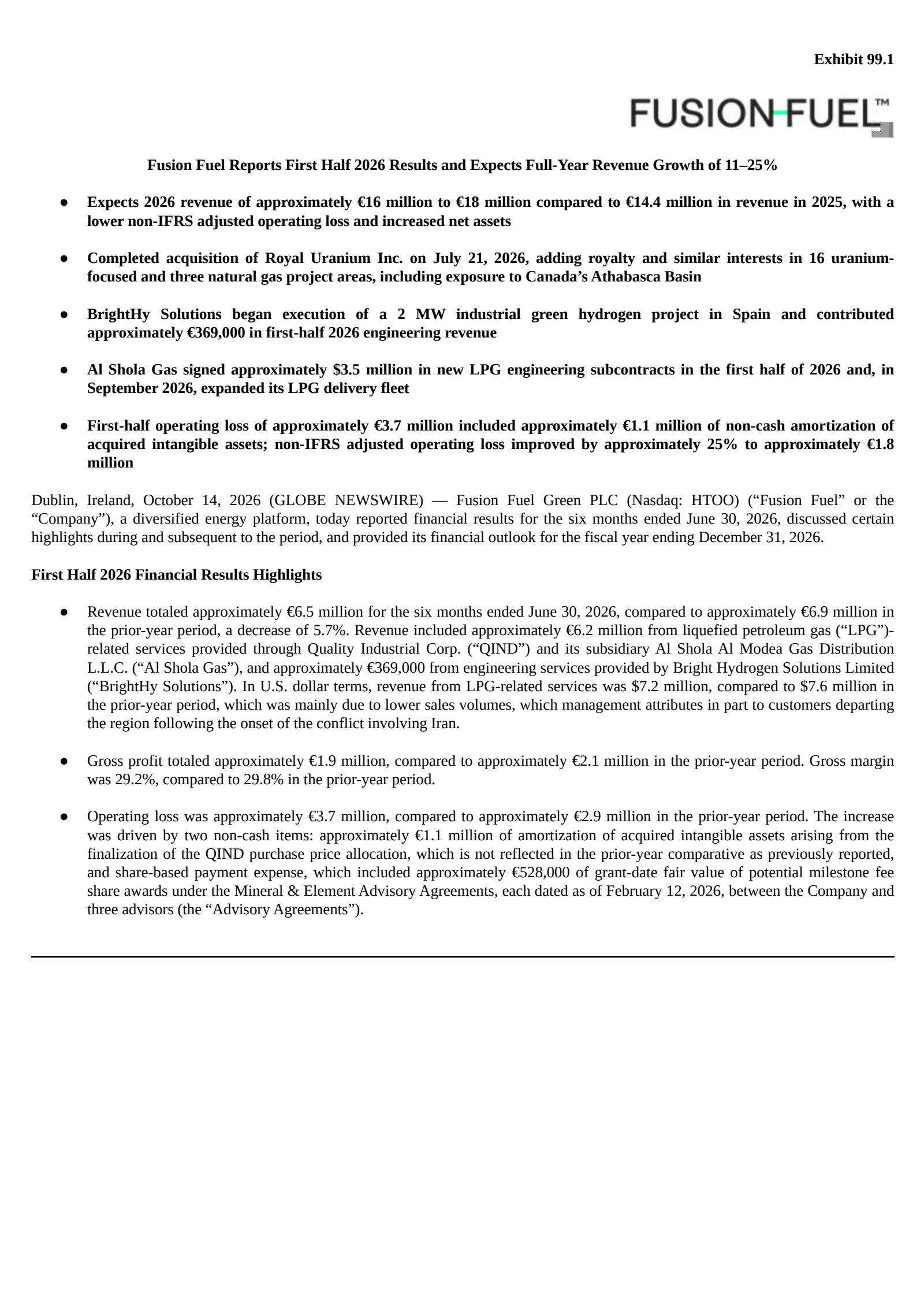 Fusion Fuel Green's H1 2026 Press Release