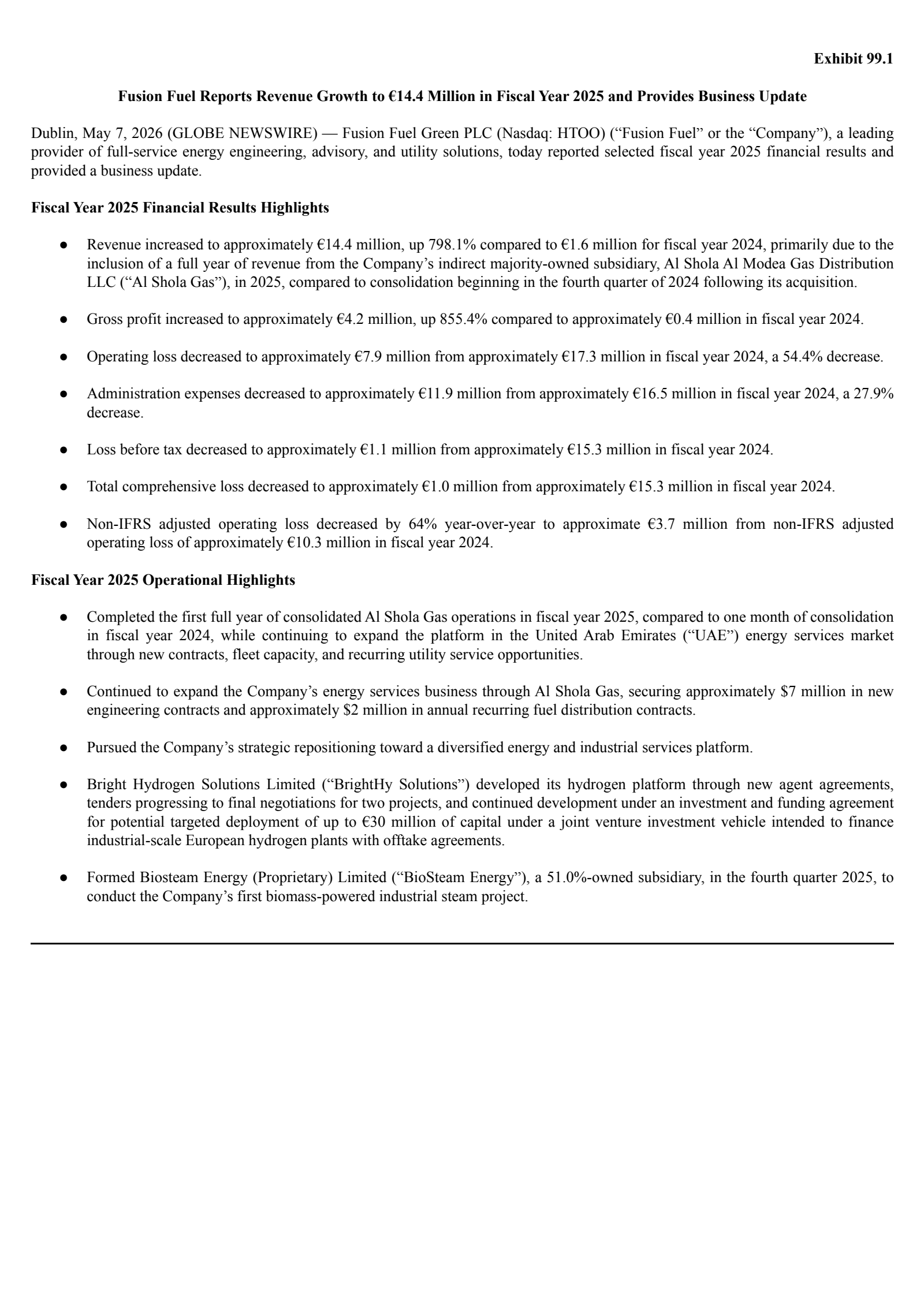 Fusion Fuel Green's H2 2025 Press Release